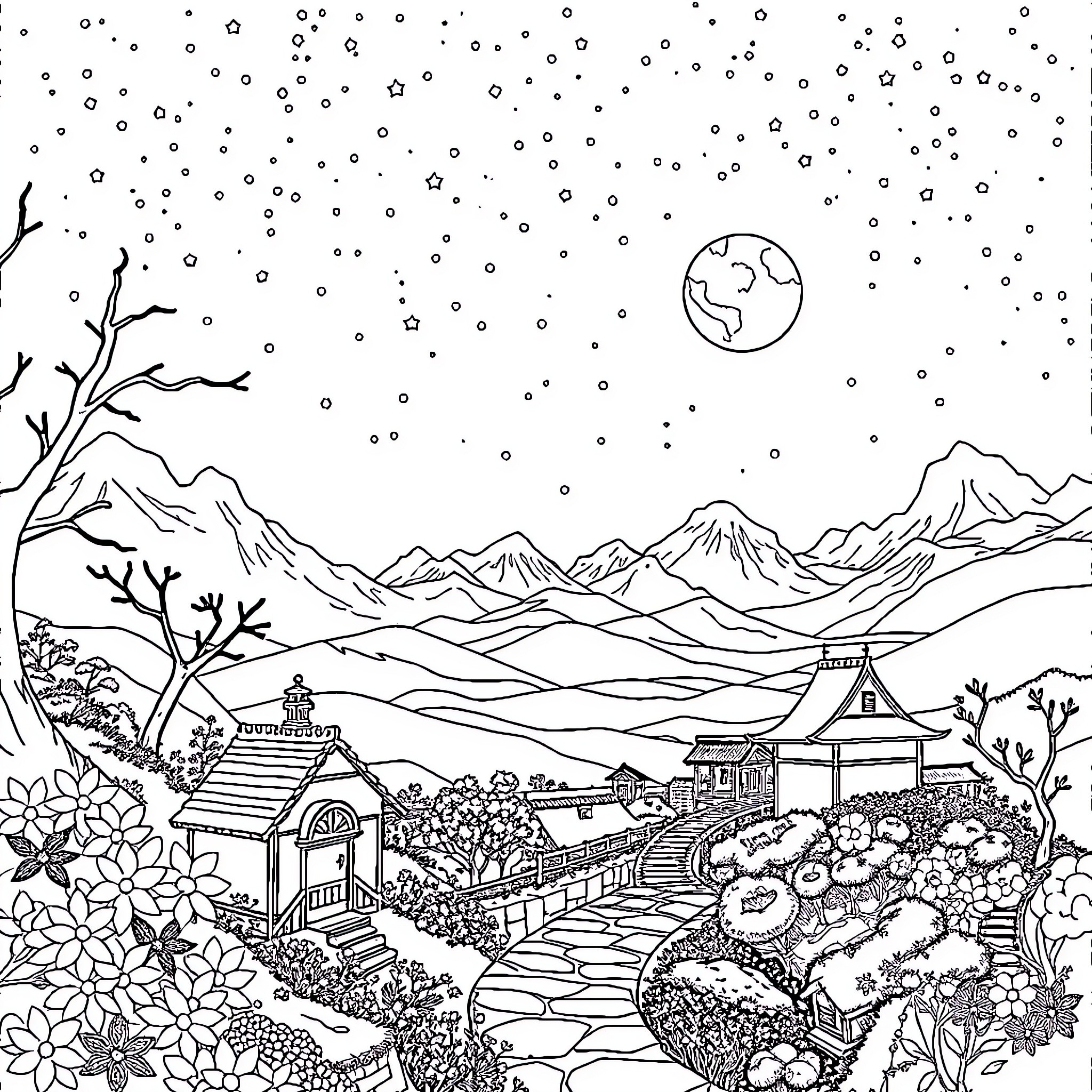 Studio Ghibli Inspired Winter Wonderland Coloring Page (free black-and-white line drawing printable PDF for all, from beginners to advanced learners, including children, teens, adults, and seniors)