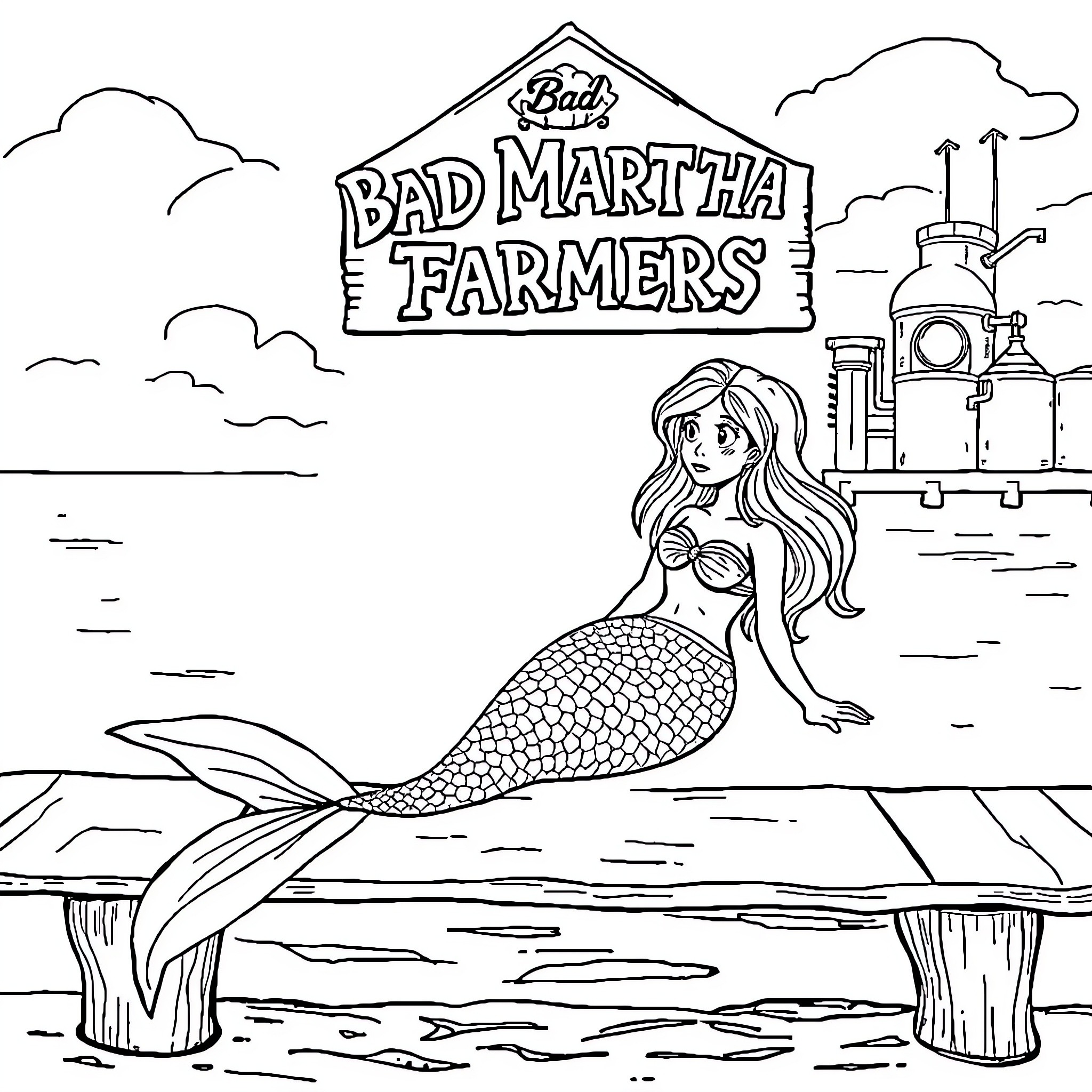 Mermaid at Bad Martha Farmers Market Coloring Page (free black-and-white line drawing printable PDF for all, from beginners to advanced learners, including children, teens, adults, and seniors)