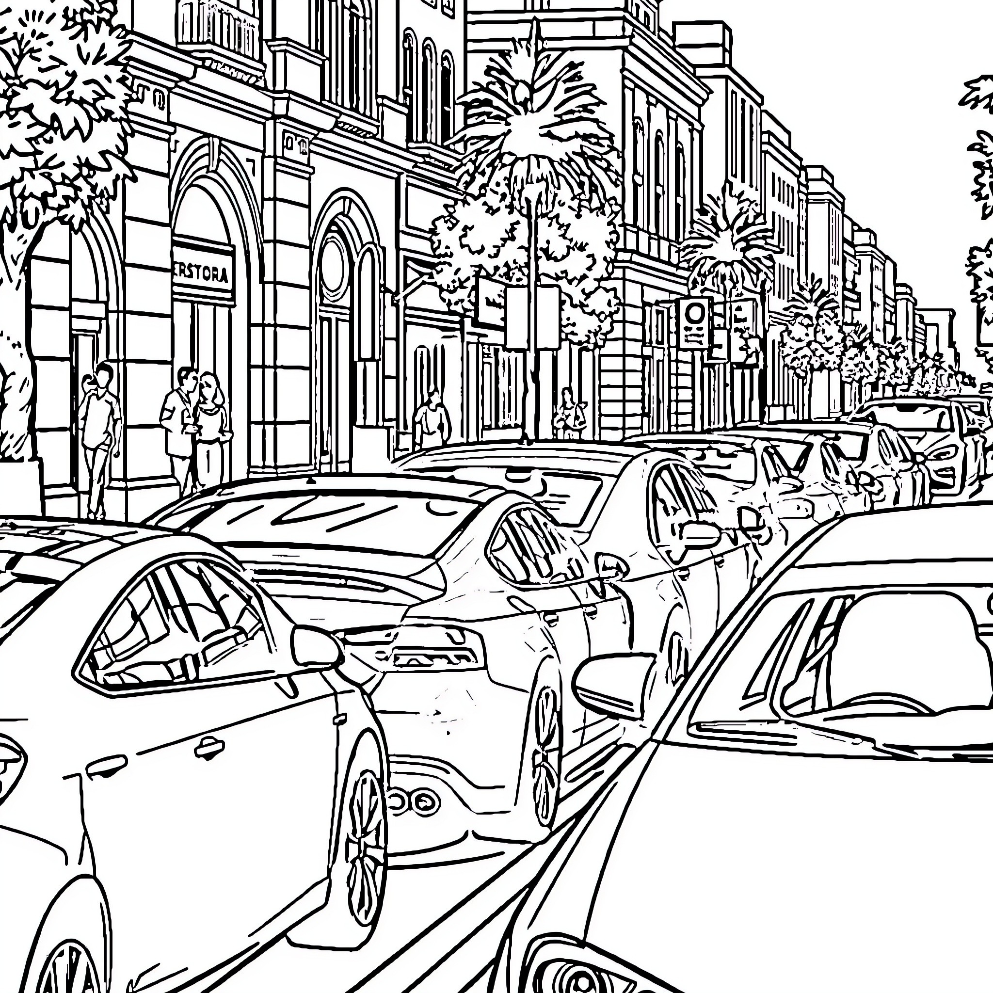 Car traffic on a busy city street Coloring Page (free black-and-white line drawing printable PDF for all, from beginners to advanced learners, including children, teens, adults, and seniors)