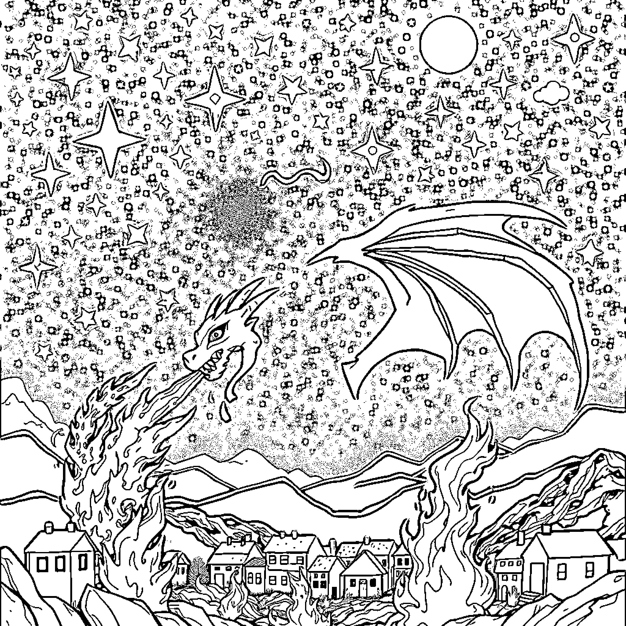 Dragon breathing fire over a starry night town Coloring Page (free black-and-white line drawing printable PDF for all, from beginners to advanced learners, including children, teens, adults, and seniors)