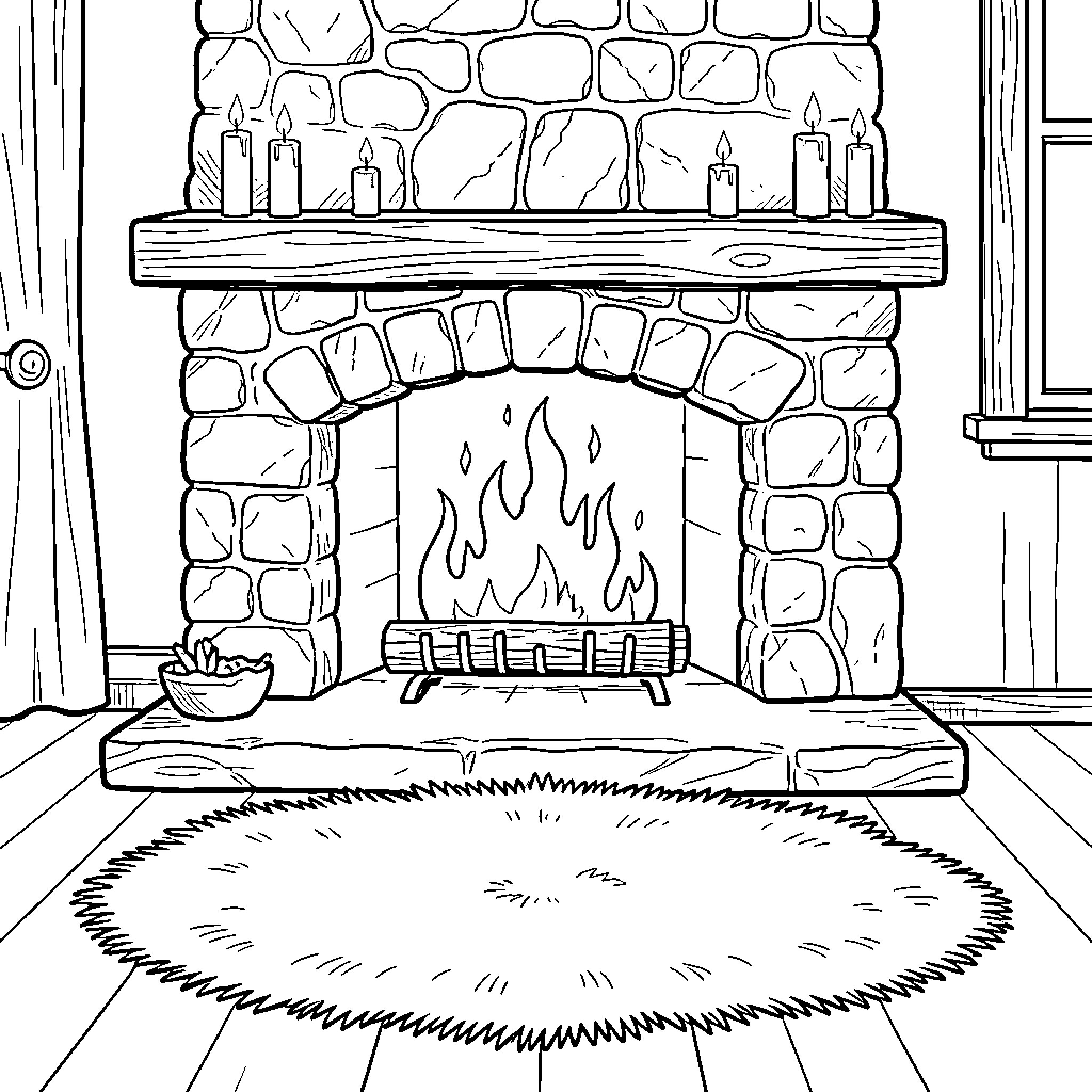 Fireplace with cozy atmosphere Coloring Page (free black-and-white line drawing printable PDF for all, from beginners to advanced learners, including children, teens, adults, and seniors)