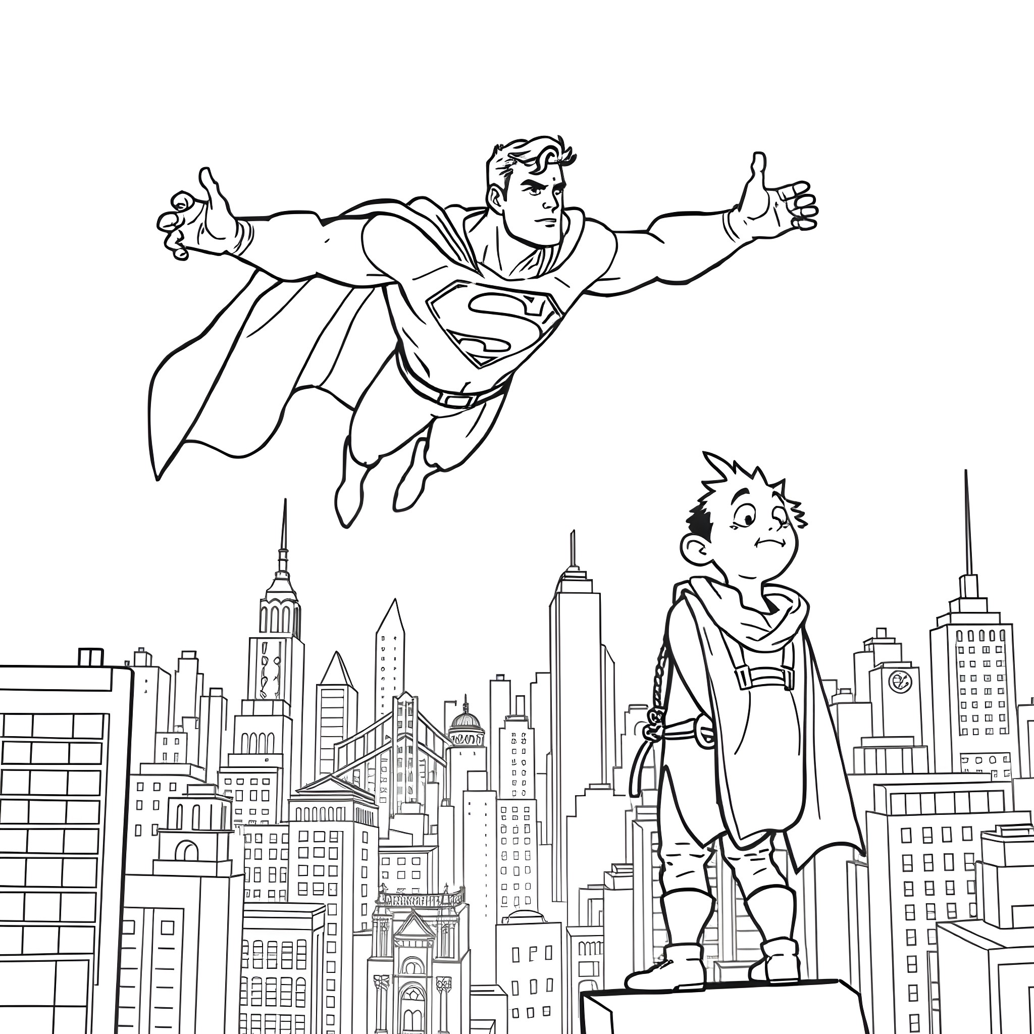 Superman soaring over the city with a determined expression Coloring Page (free black-and-white line drawing printable PDF for all, from beginners to advanced learners, including children, teens, adults, and seniors)