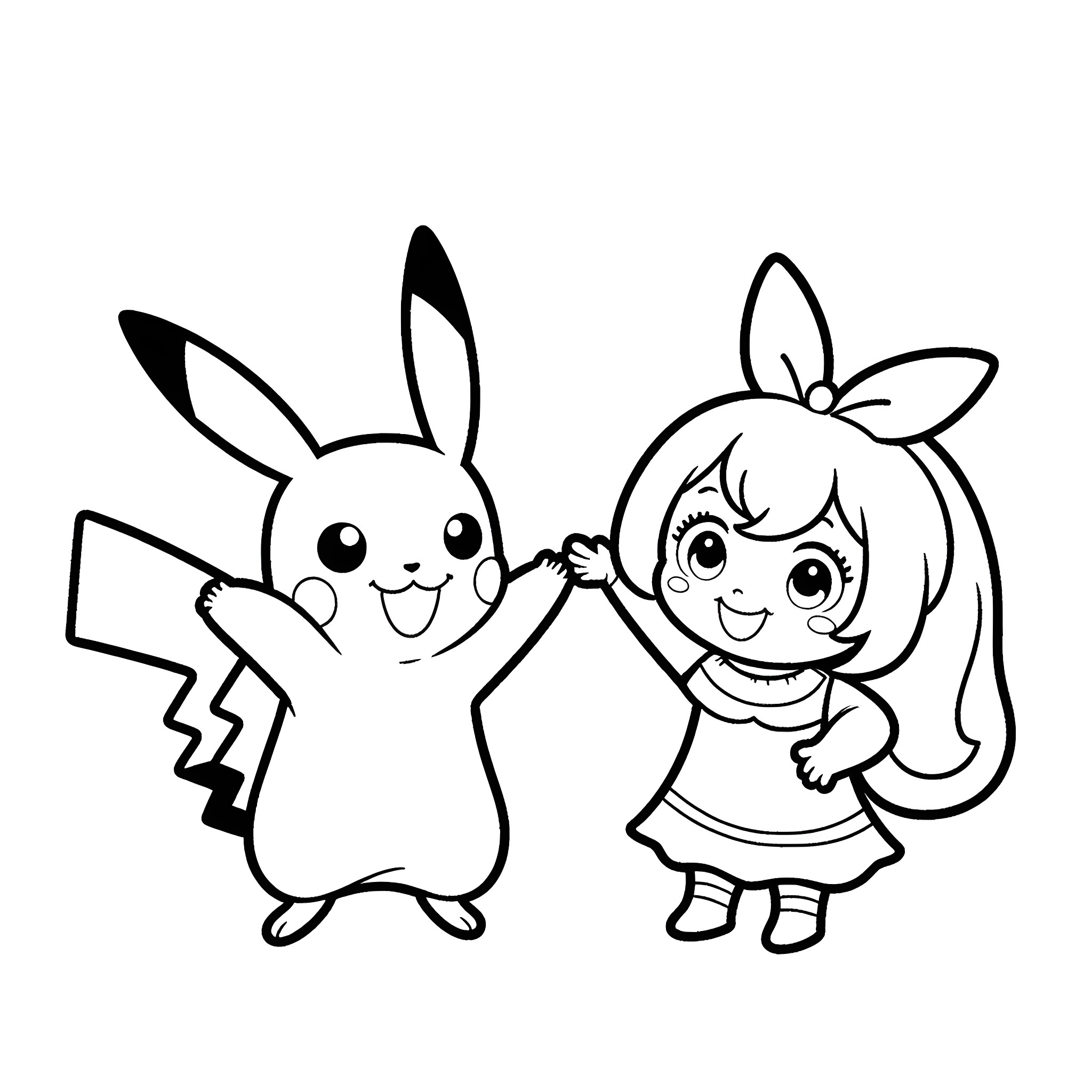Pikachu and girl playing together happily Coloring Page (free black-and-white line drawing printable PDF for all, from beginners to advanced learners, including children, teens, adults, and seniors)
