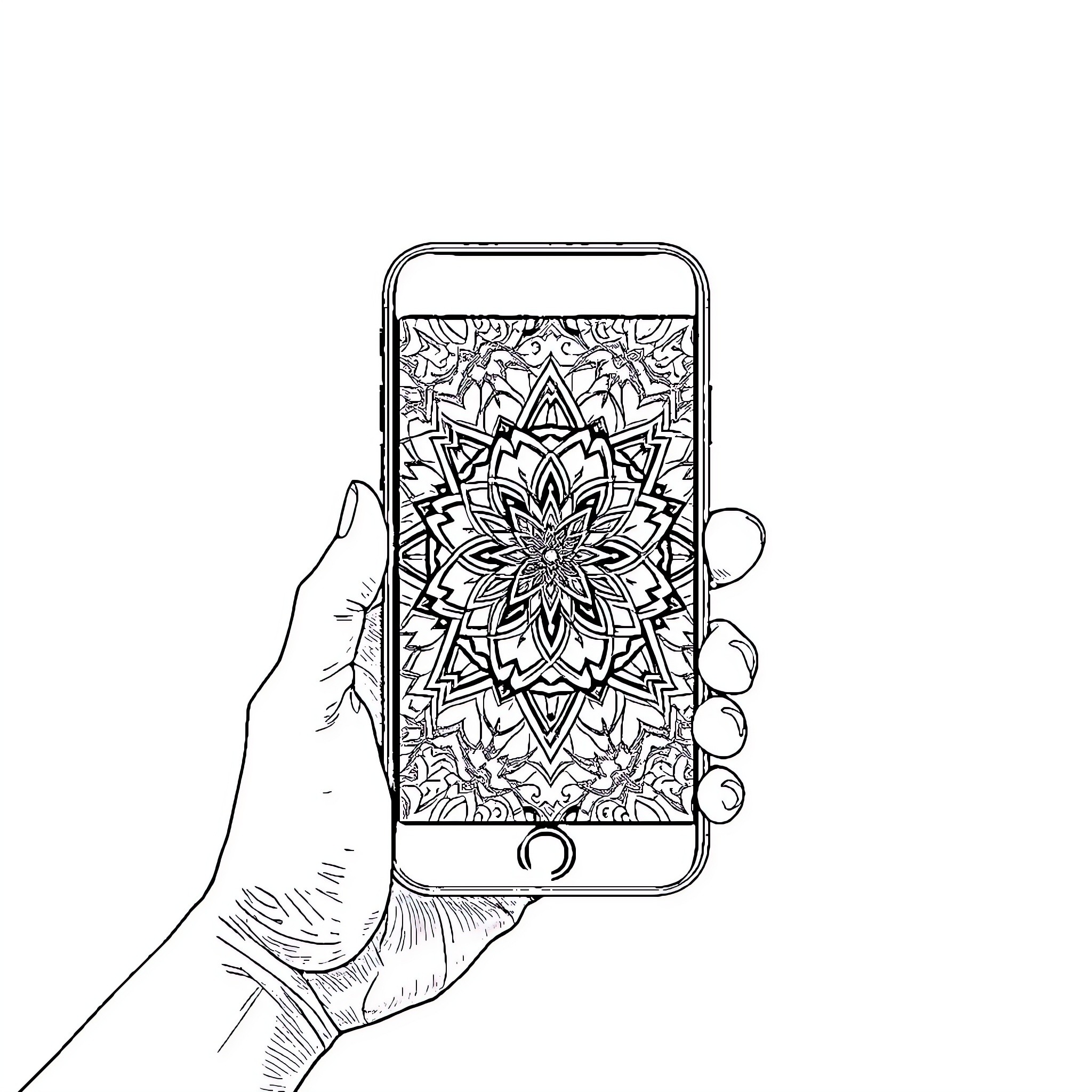 Pattern of intricate floral design on smartphone screen Coloring Page (free black-and-white line drawing printable PDF for all, from beginners to advanced learners, including children, teens, adults, and seniors)
