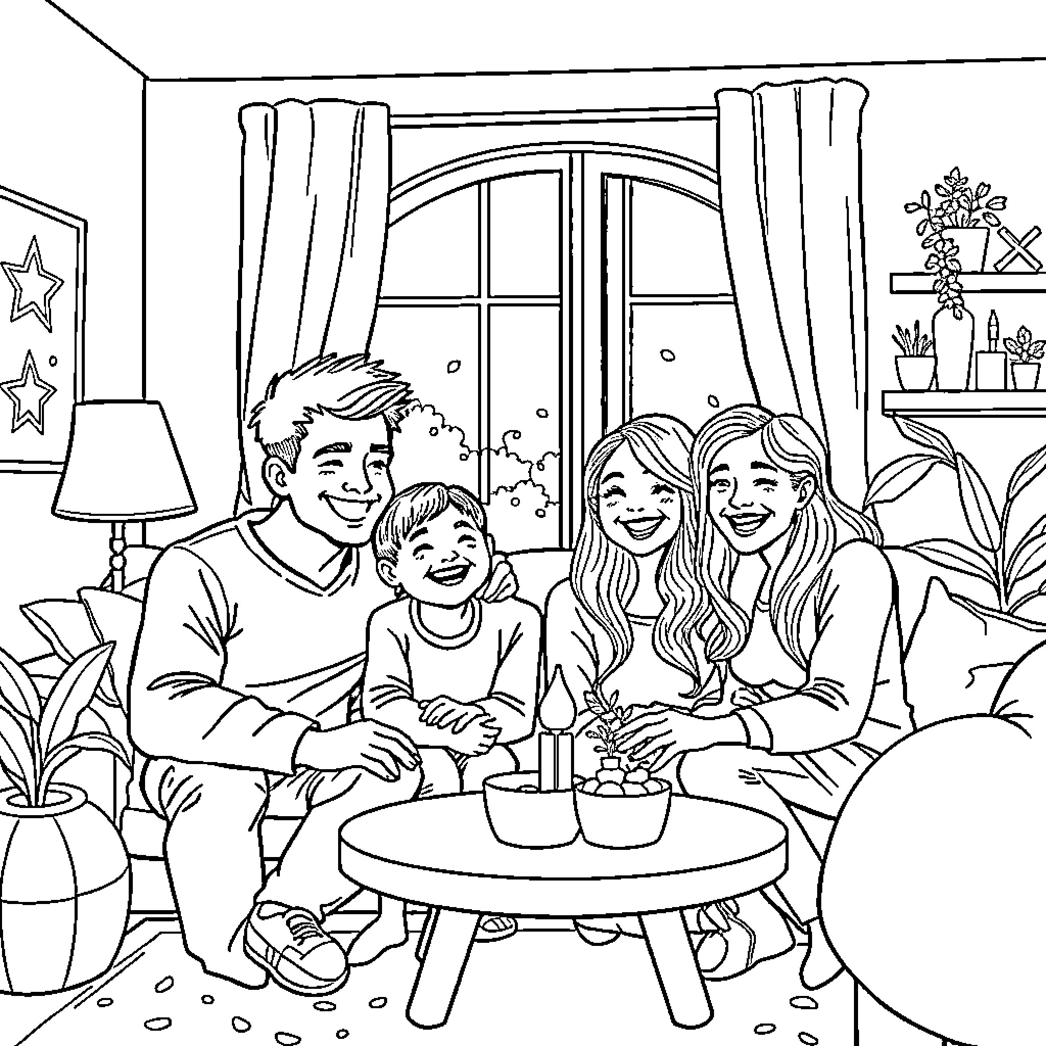 Family sharing time together at home Coloring Page (free black-and-white line drawing printable PDF for all, from beginners to advanced learners, including children, teens, adults, and seniors)