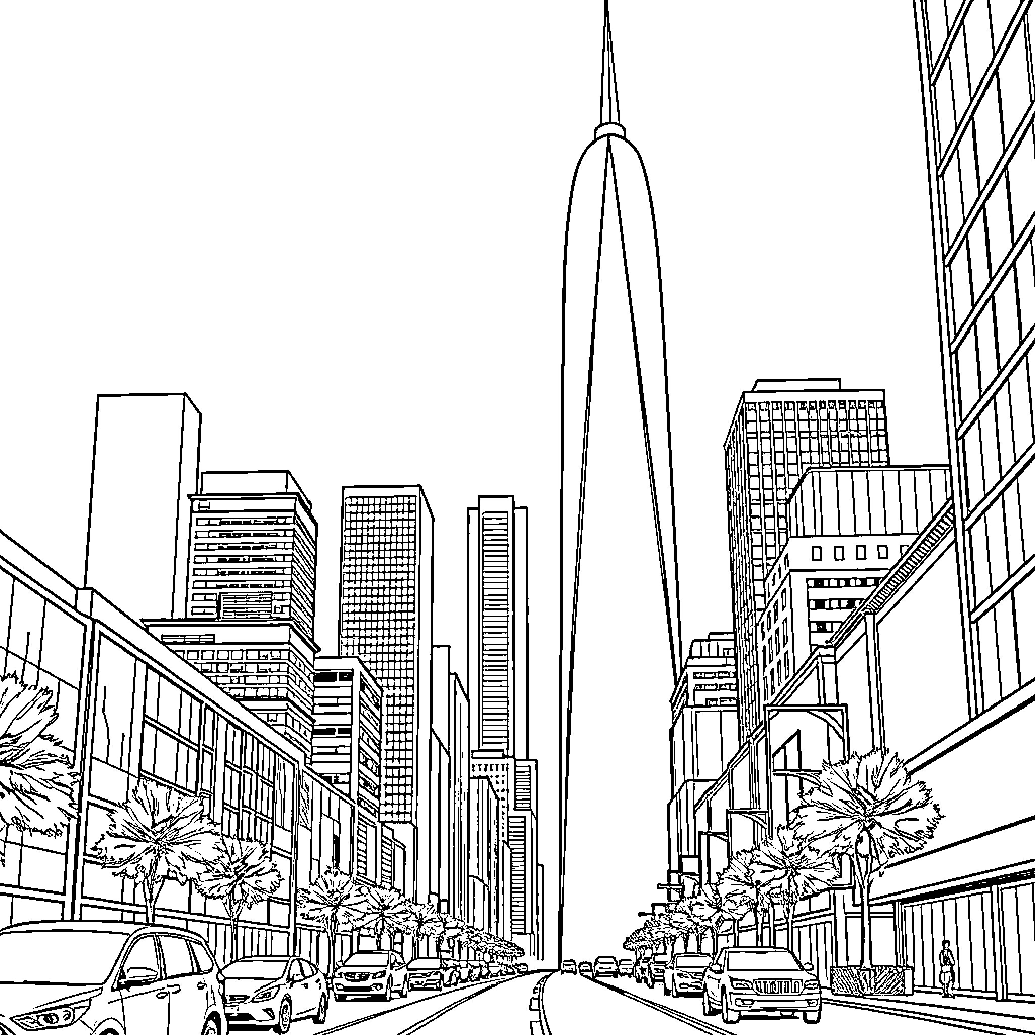 Building Bustling City Street with Skyscrapers Coloring Page (free black-and-white line drawing printable PDF for all, from beginners to advanced learners, including children, teens, adults, and seniors)