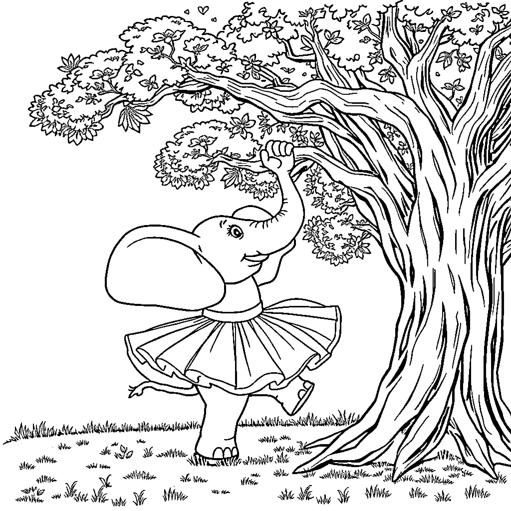 Elephant enjoying dance under the tree Coloring Page (free black-and-white line drawing printable PDF for all, from beginners to advanced learners, including children, teens, adults, and seniors)