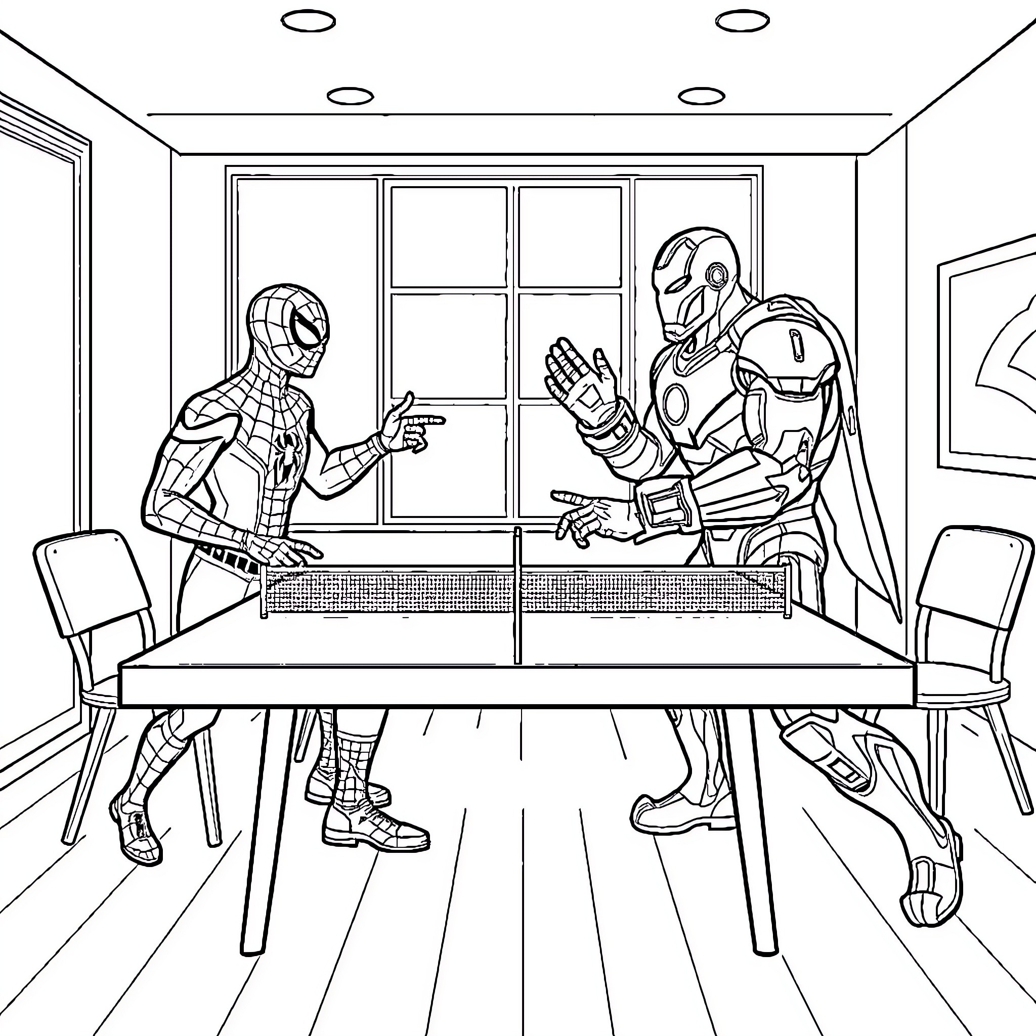 Spider-Man discussing strategy with Iron Man Coloring Page (free black-and-white line drawing printable PDF for all, from beginners to advanced learners, including children, teens, adults, and seniors)