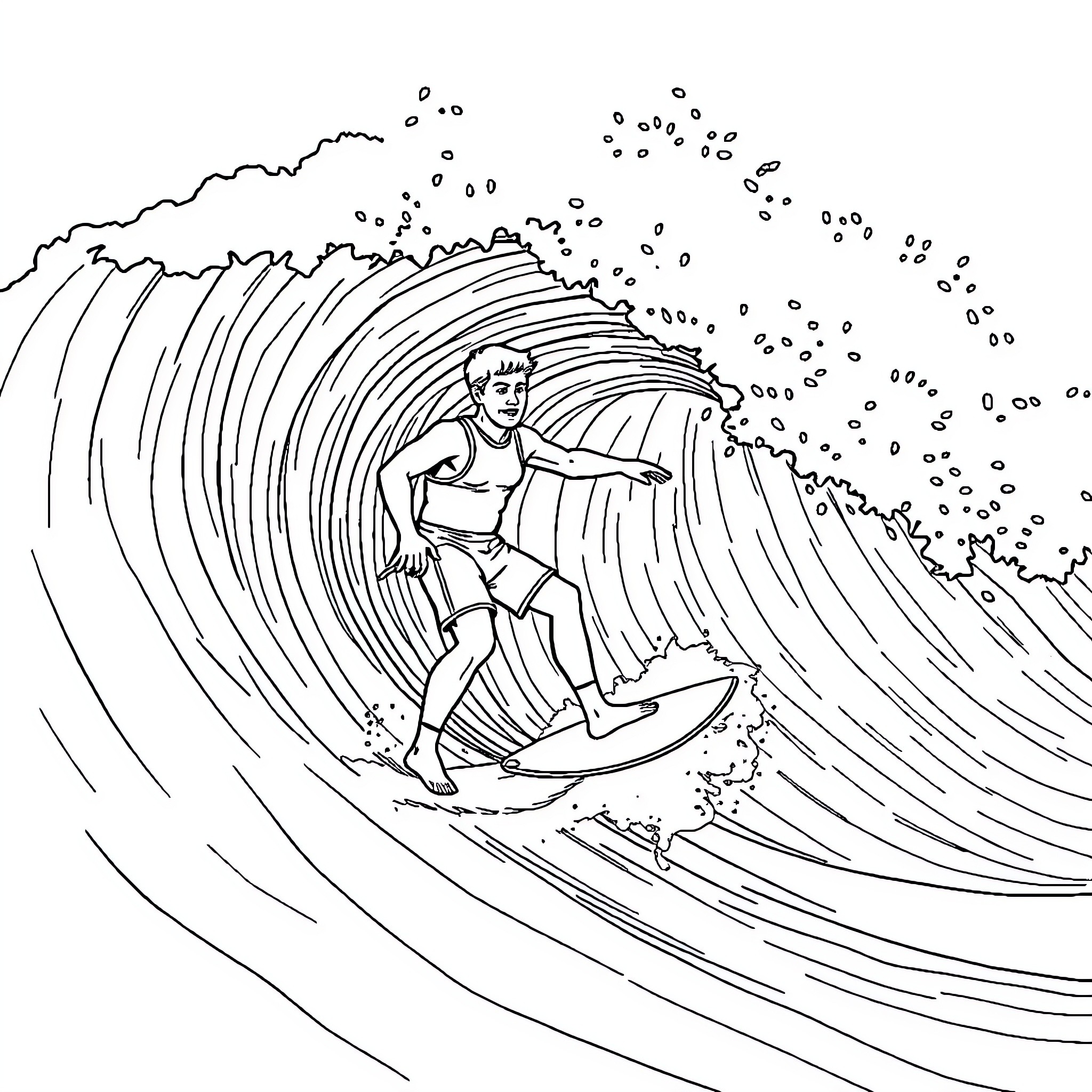 Baker surfing a big wave Coloring Page (free black-and-white line drawing printable PDF for all, from beginners to advanced learners, including children, teens, adults, and seniors)
