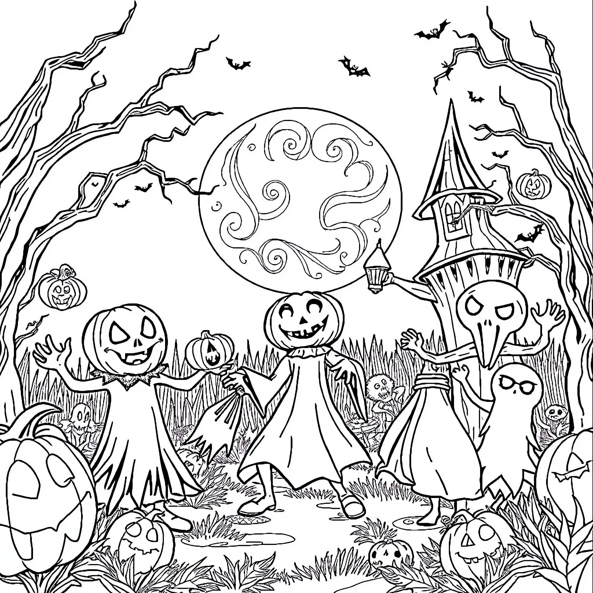 Halloween Trick-or-Treaters in Spooky Haunted Forest Coloring Page (free black-and-white line drawing printable PDF for all, from beginners to advanced learners, including children, teens, adults, and seniors)