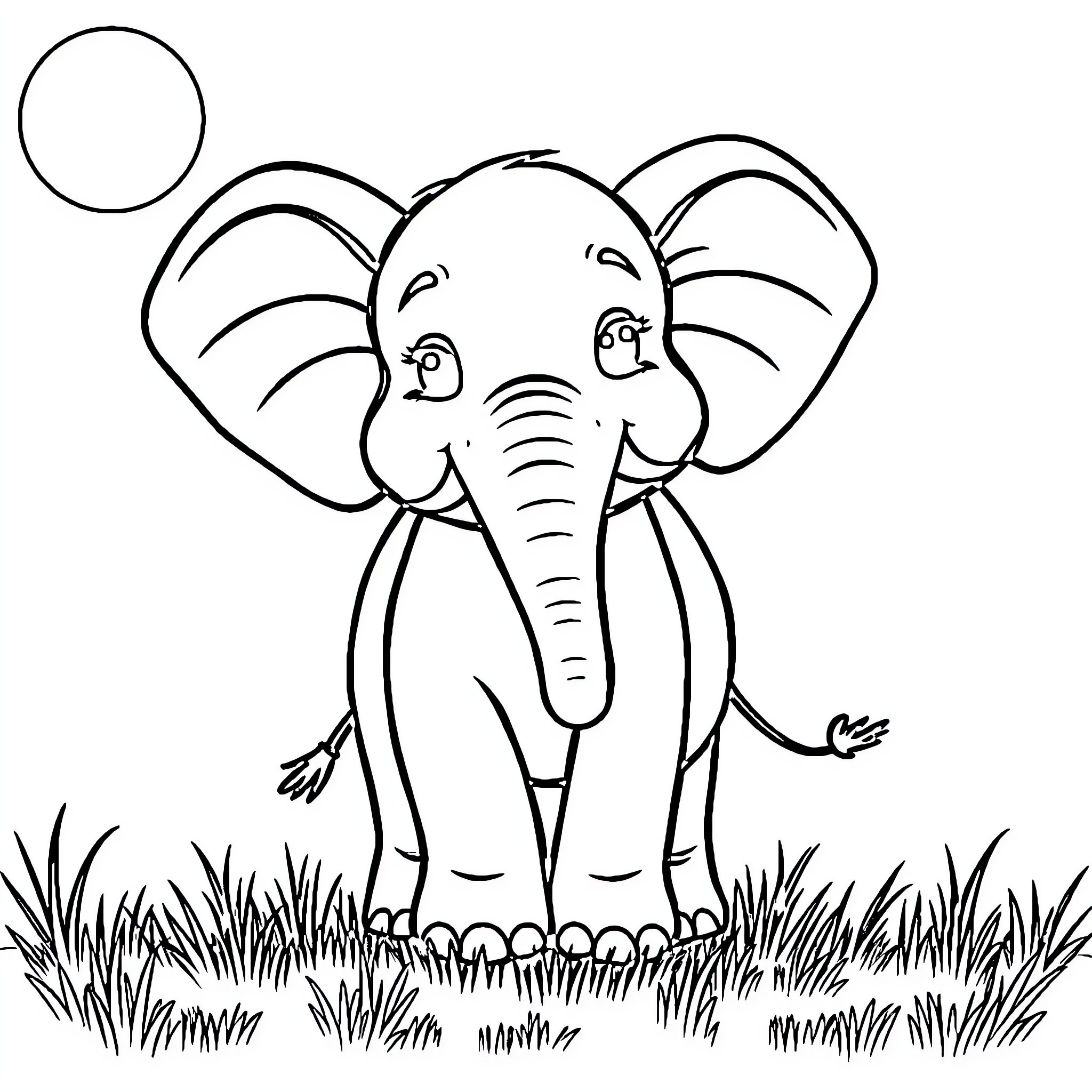 Elephant exploring the grassland Coloring Page (free black-and-white line drawing printable PDF for all, from beginners to advanced learners, including children, teens, adults, and seniors)