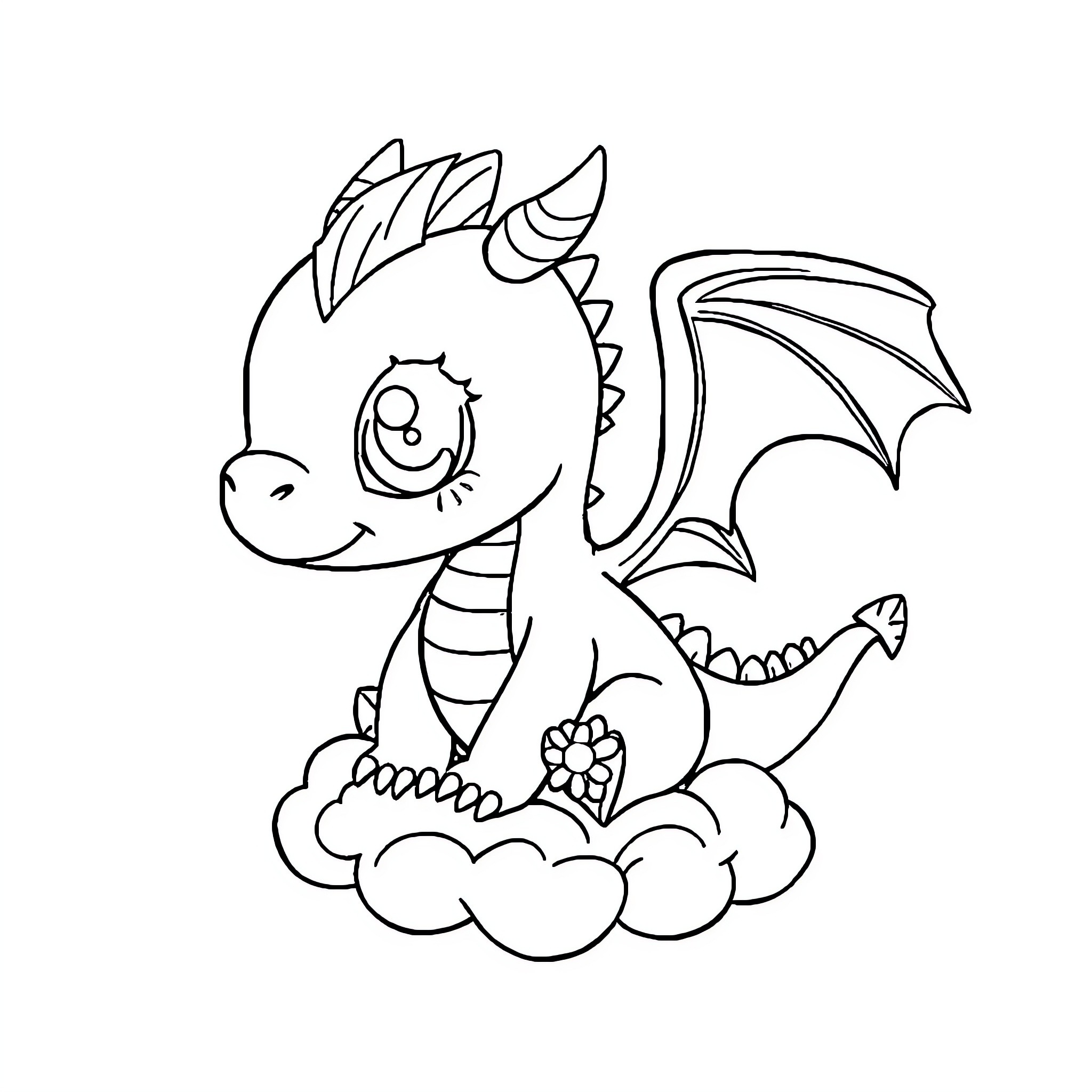 Dragon playfully sitting on cloud Coloring Page (free black-and-white line drawing printable PDF for all, from beginners to advanced learners, including children, teens, adults, and seniors)