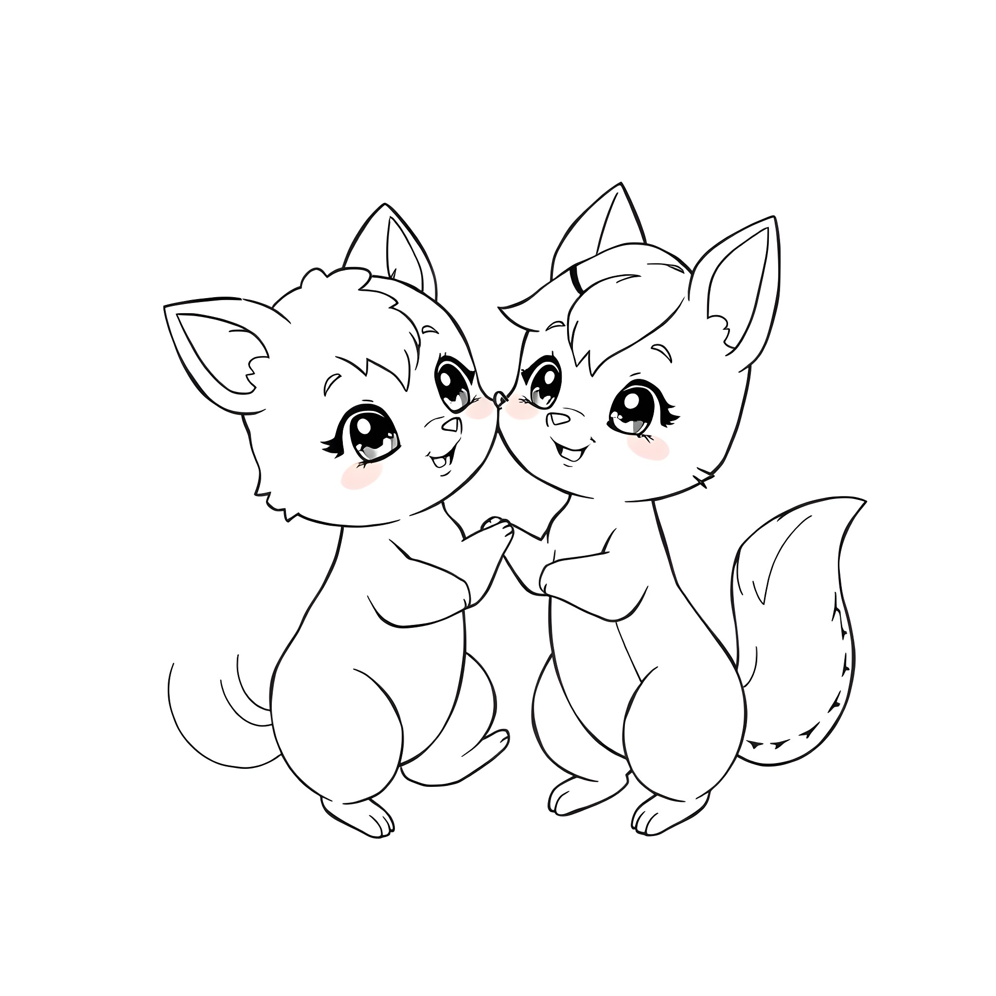 Anime Animal Foxes Embracing Happily Coloring Page (free black-and-white line drawing printable PDF for all, from beginners to advanced learners, including children, teens, adults, and seniors)
