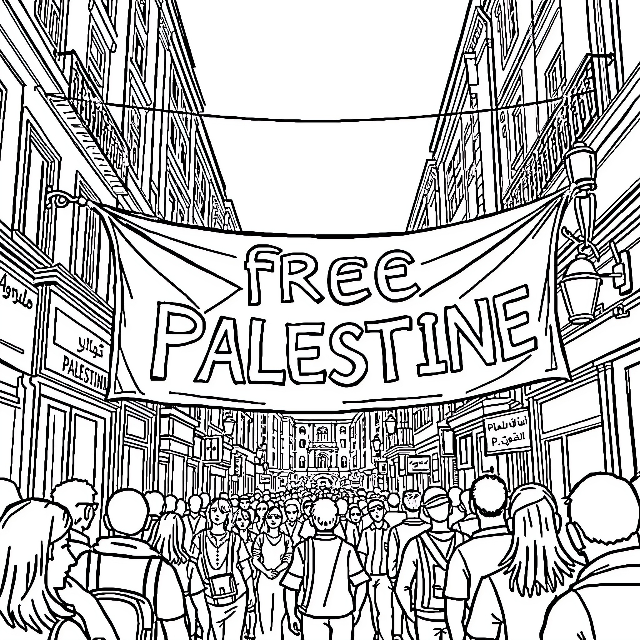 Palestine protest for freedom and justice Coloring Page (free black-and-white line drawing printable PDF for all, from beginners to advanced learners, including children, teens, adults, and seniors)