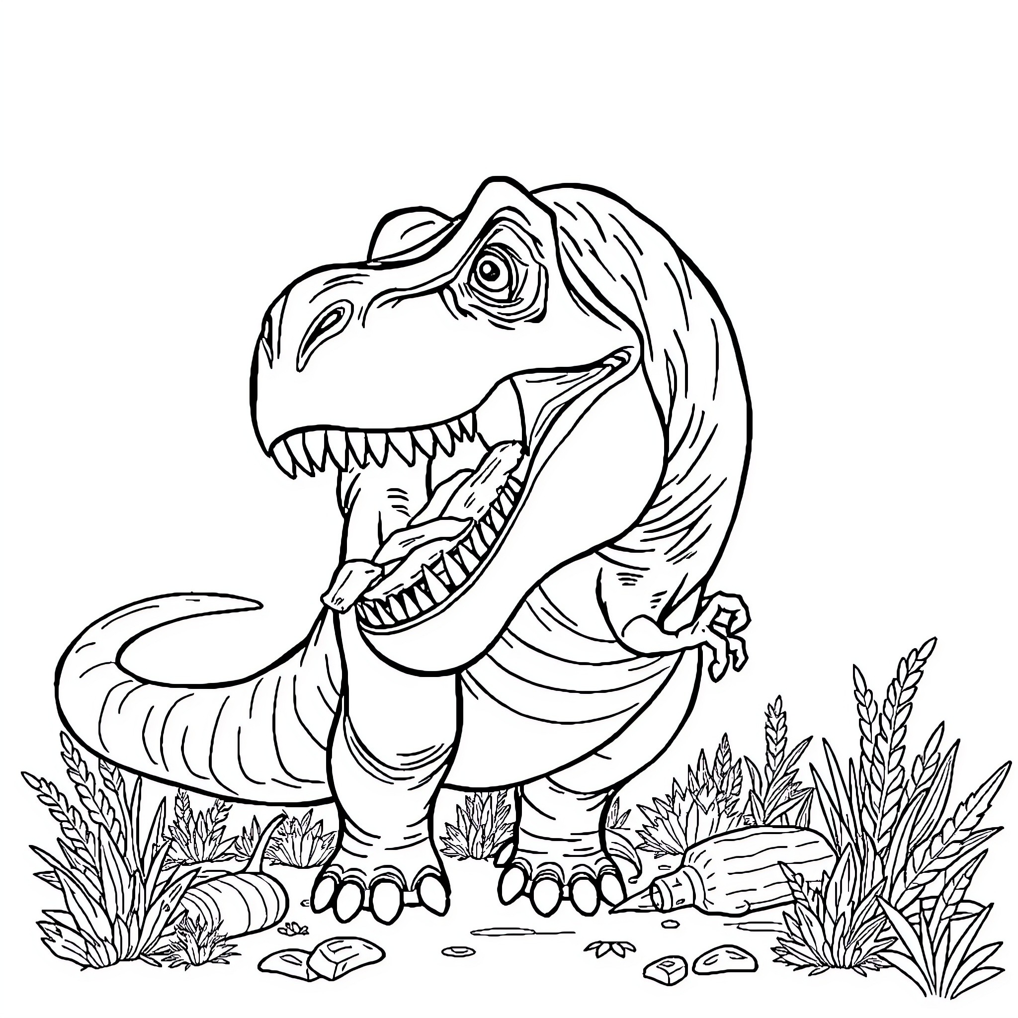 Dinosaur roaring amidst lush vegetation Coloring Page (free black-and-white line drawing printable PDF for all, from beginners to advanced learners, including children, teens, adults, and seniors)