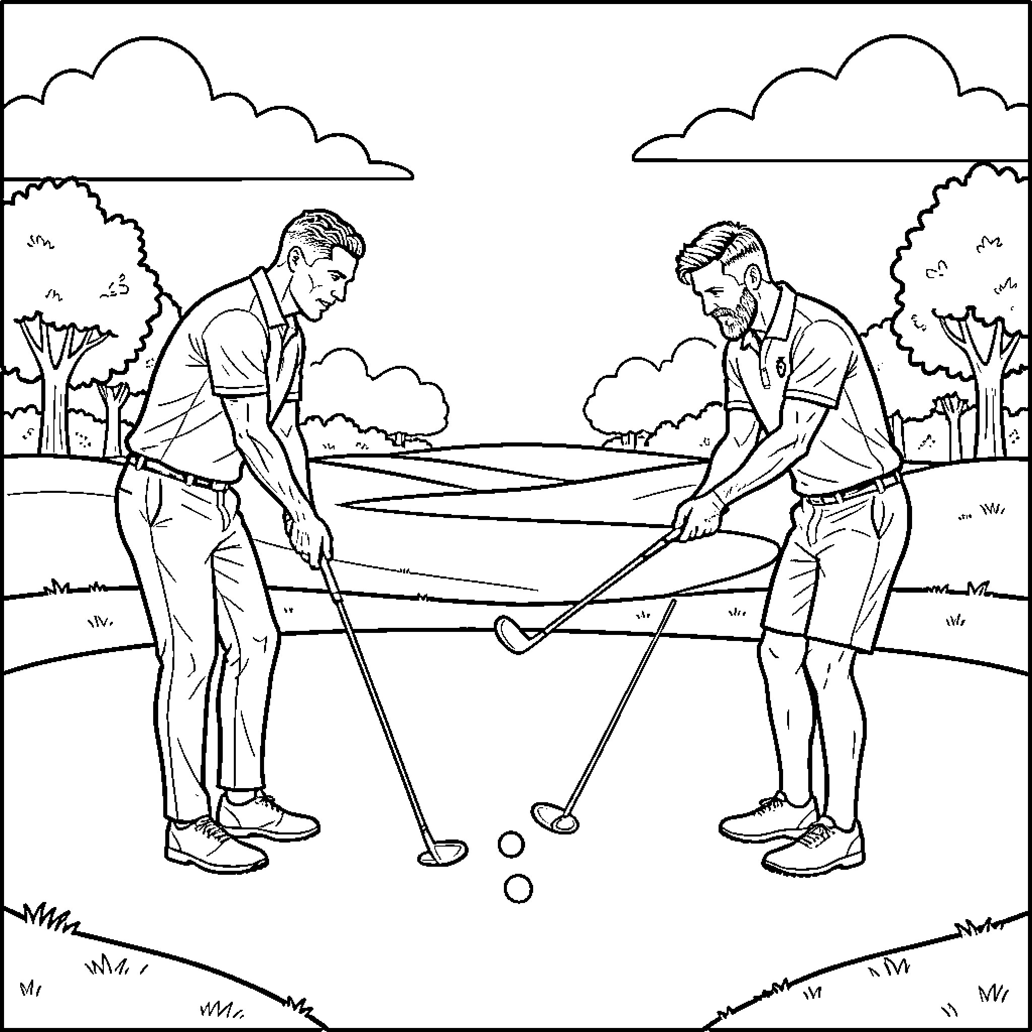 Cristiano Ronaldo playing golf on a scenic course Coloring Page (free black-and-white line drawing printable PDF for all, from beginners to advanced learners, including children, teens, adults, and seniors)