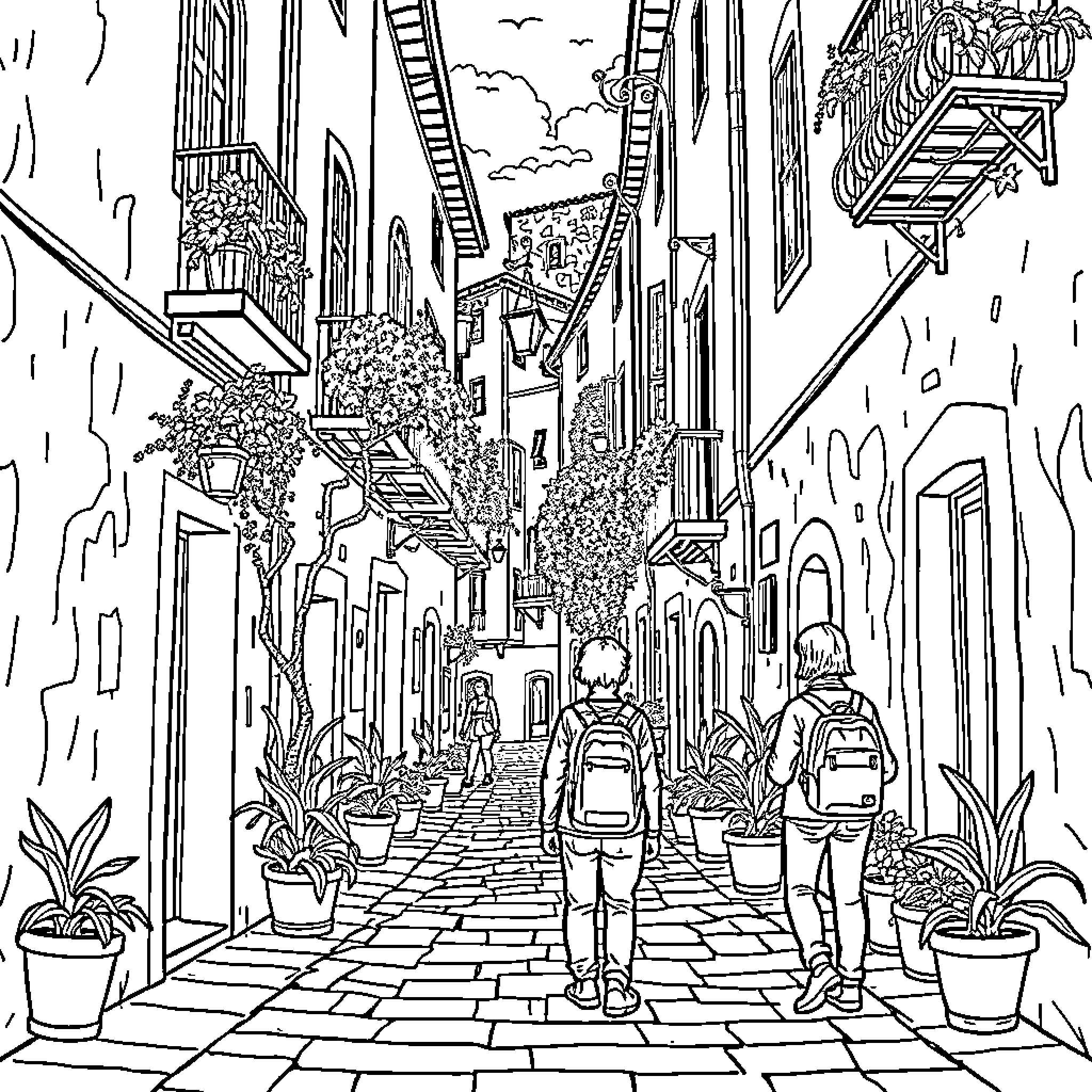 Ton in an Enchanting Alleyway Adventure Coloring Page (free black-and-white line drawing printable PDF for all, from beginners to advanced learners, including children, teens, adults, and seniors)