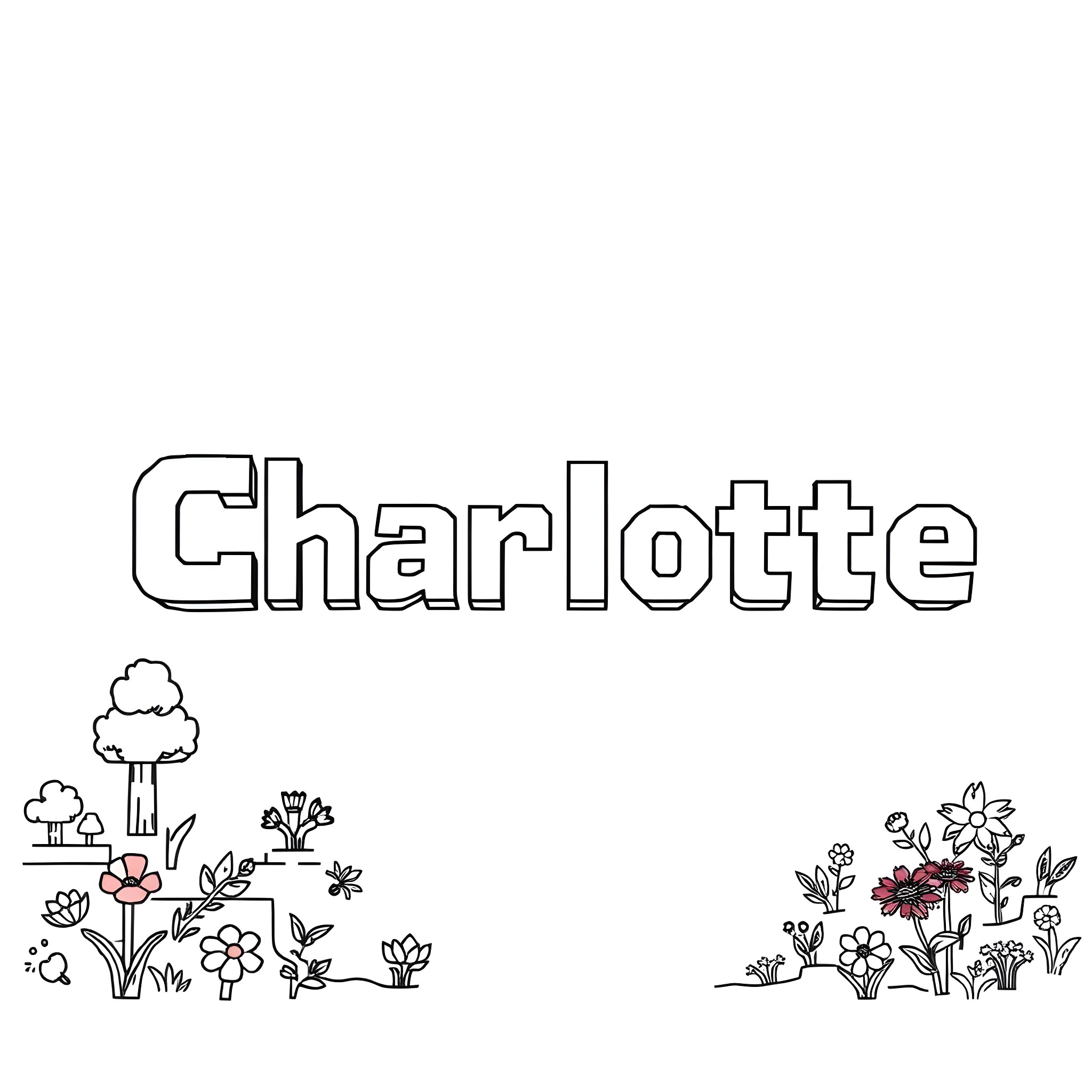 Charlotte's Garden of Floral Delight Coloring Page (free black-and-white line drawing printable PDF for all, from beginners to advanced learners, including children, teens, adults, and seniors)