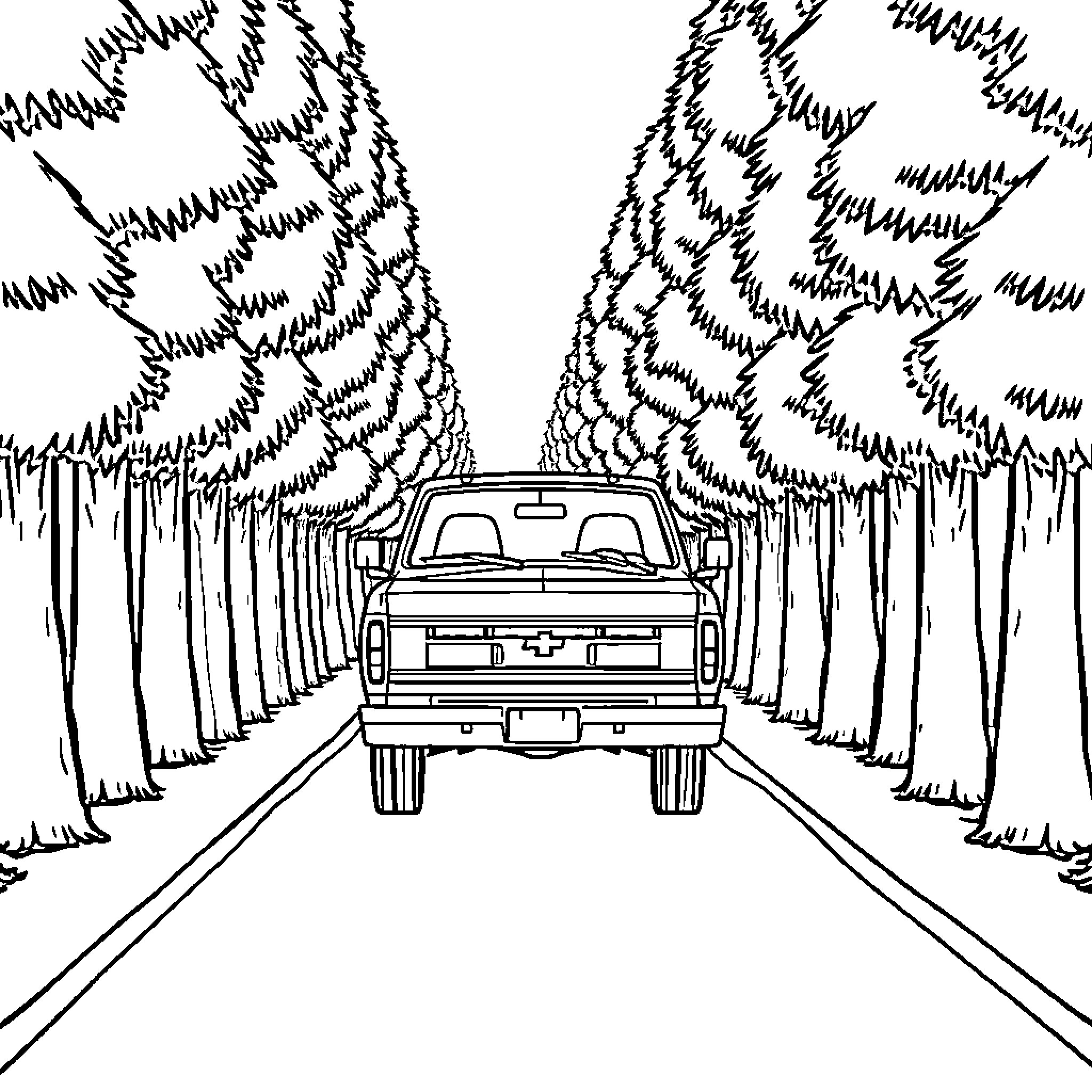 Pickup Truck Driving Through Wooded Road Coloring Page (free black-and-white line drawing printable PDF for all, from beginners to advanced learners, including children, teens, adults, and seniors)