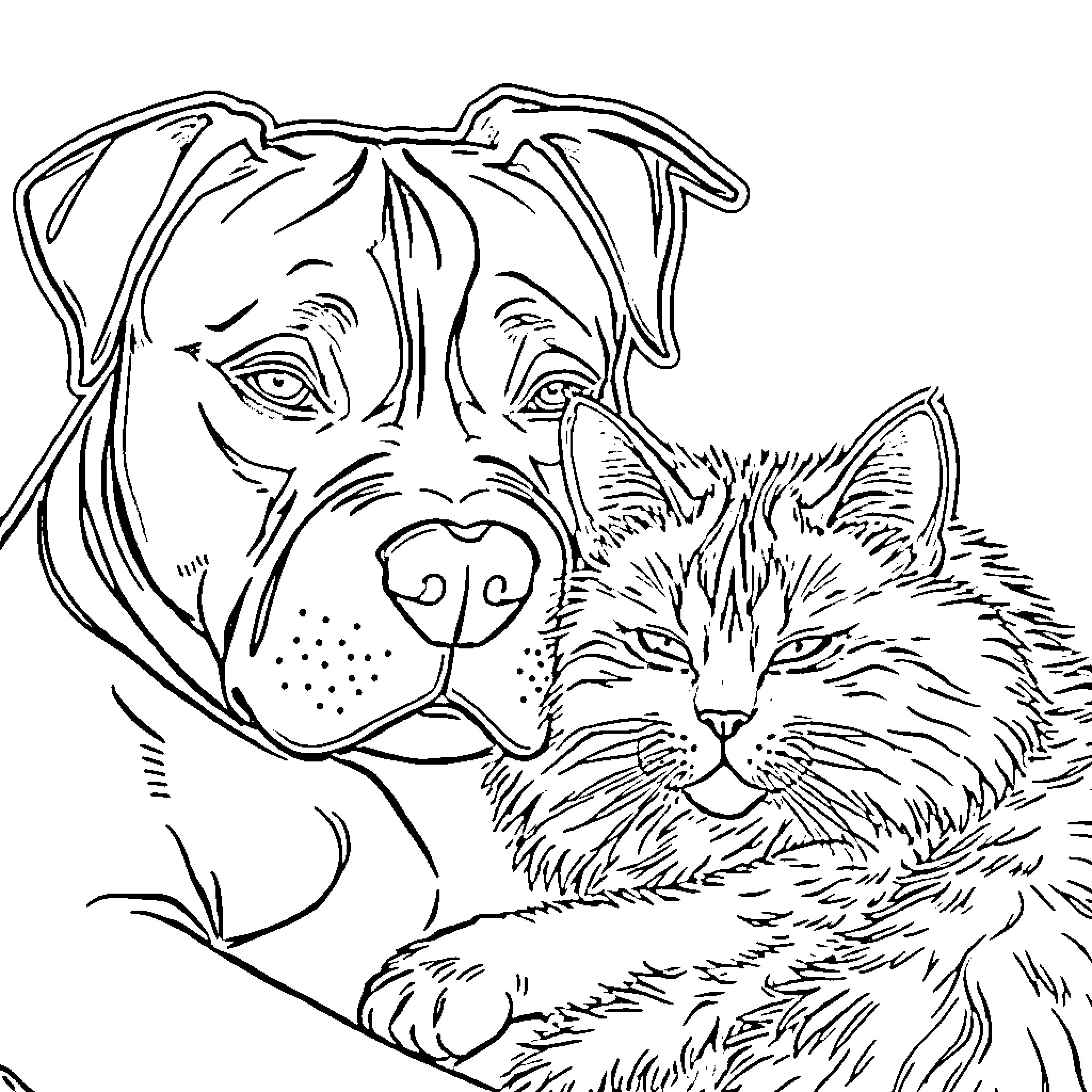 Dog and cat cuddling together Coloring Page (free black-and-white line drawing printable PDF for all, from beginners to advanced learners, including children, teens, adults, and seniors)