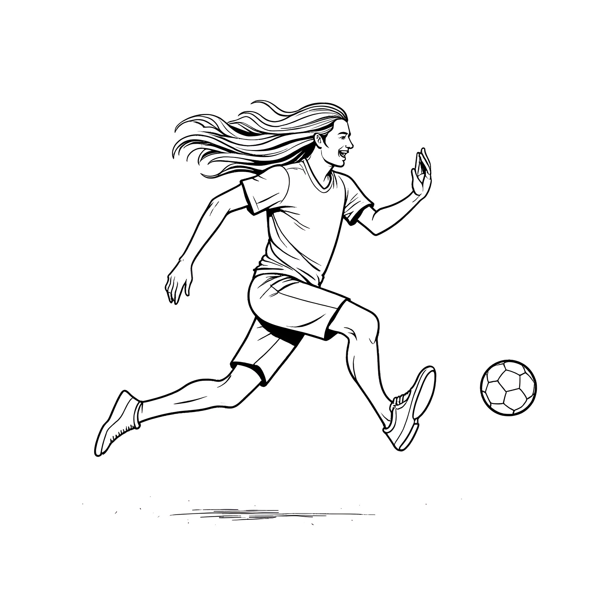 Man playing soccer with flowing hair Coloring Page (free black-and-white line drawing printable PDF for all, from beginners to advanced learners, including children, teens, adults, and seniors)