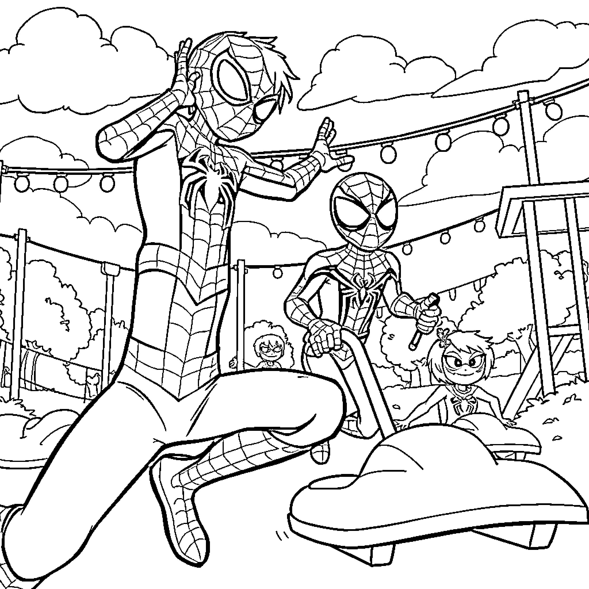 Spidey Swinging through Festive City Scene Coloring Page (free black-and-white line drawing printable PDF for all, from beginners to advanced learners, including children, teens, adults, and seniors)