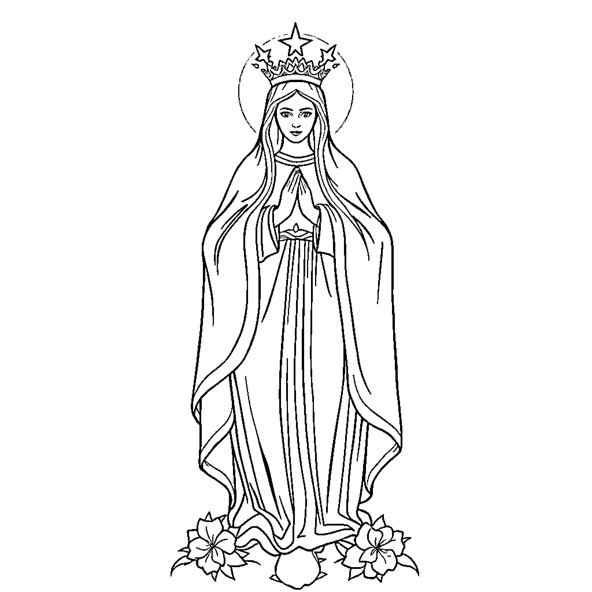 Virgen offering prayers with celestial crown Coloring Page (free black-and-white line drawing printable PDF for all, from beginners to advanced learners, including children, teens, adults, and seniors)