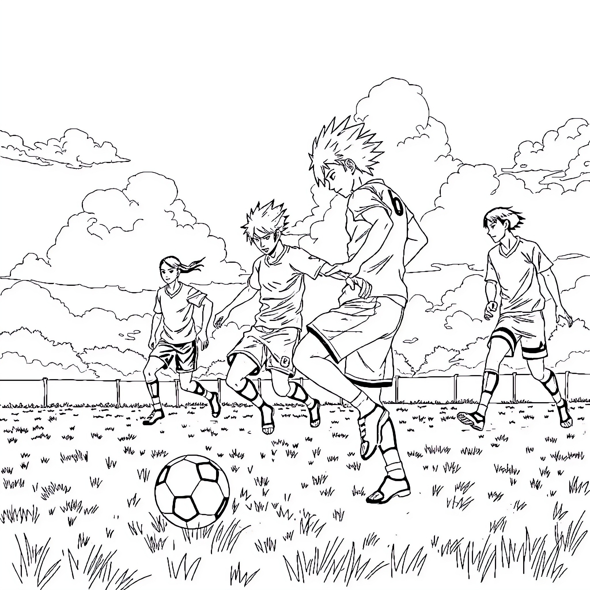 Sasuke and friends playing soccer in the countryside Coloring Page (free black-and-white line drawing printable PDF for all, from beginners to advanced learners, including children, teens, adults, and seniors)