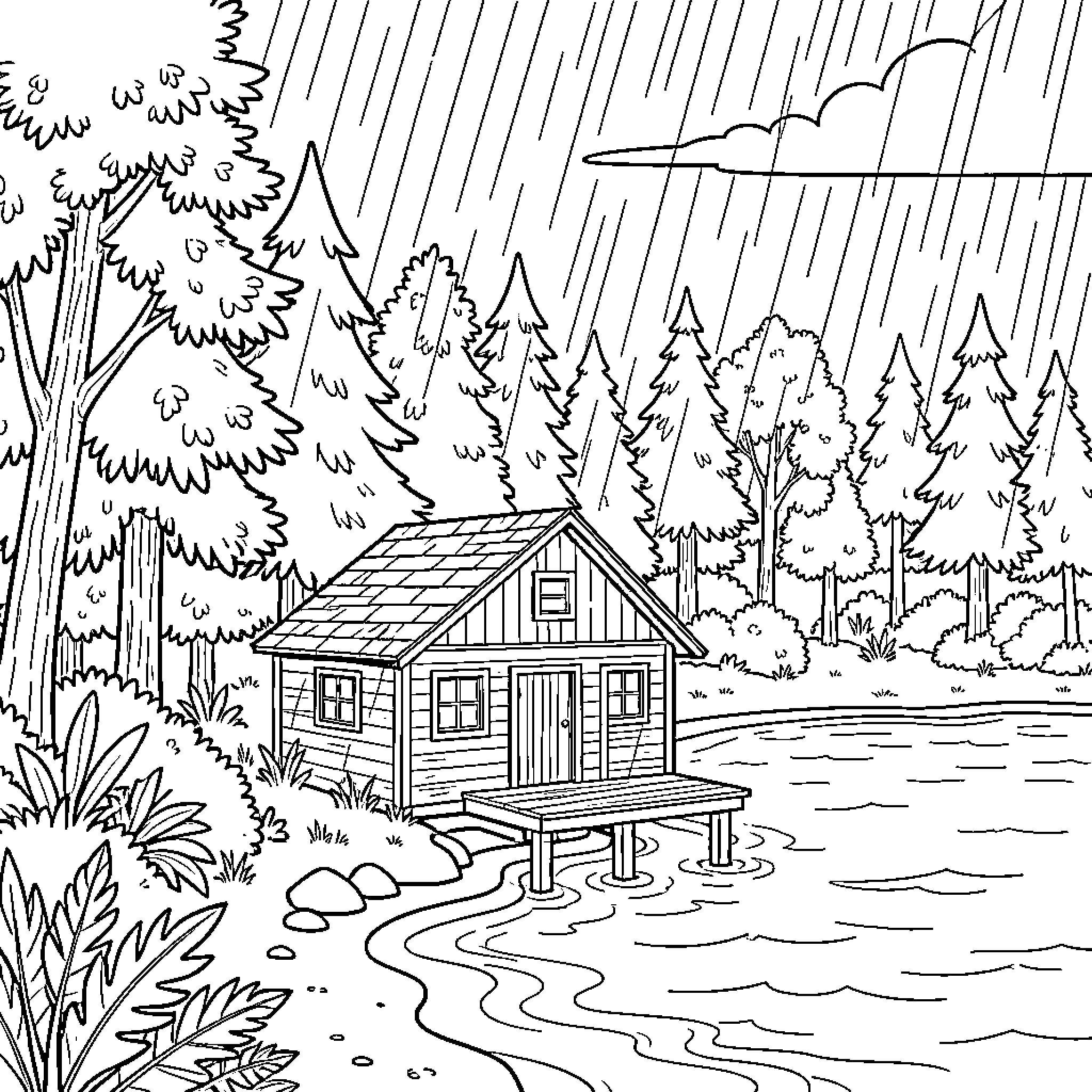 Landscape with a Cozy Cabin in the Woods Coloring Page (free black-and-white line drawing printable PDF for all, from beginners to advanced learners, including children, teens, adults, and seniors)