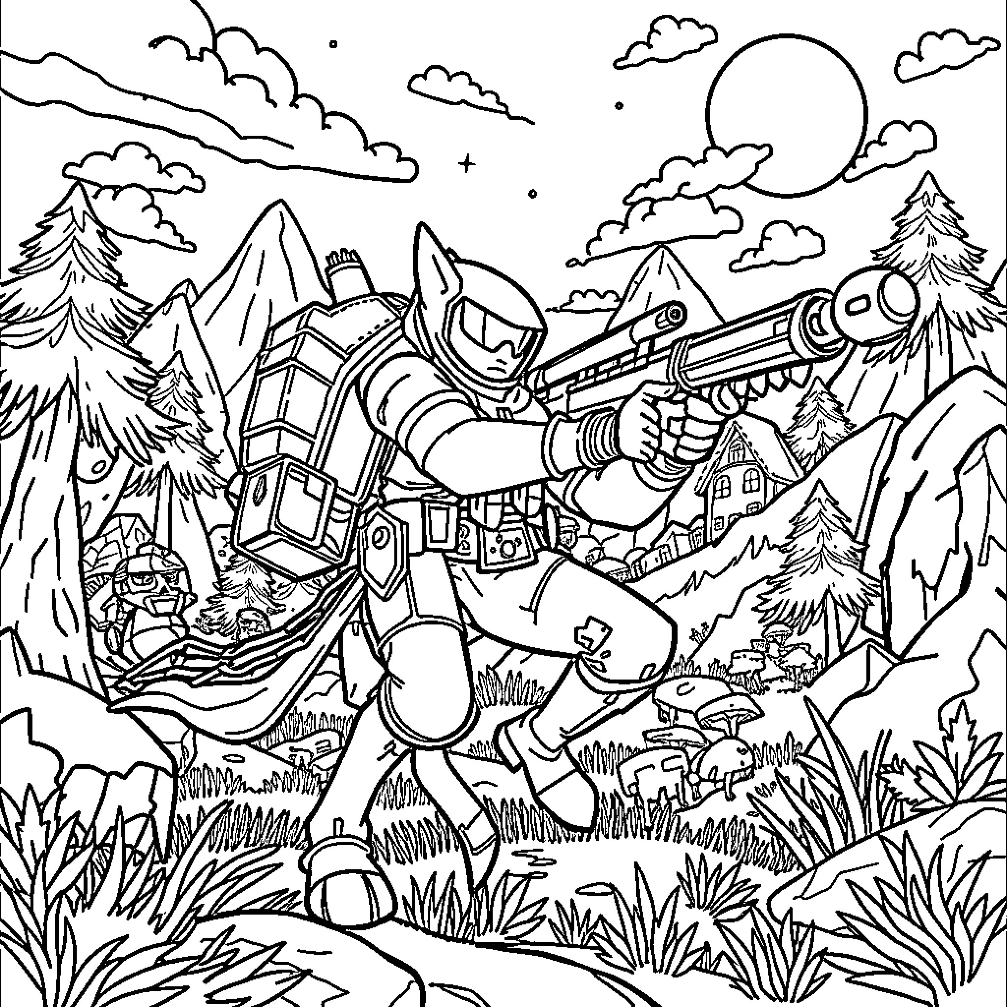Huntrix explores the wilderness with futuristic gear Coloring Page (free black-and-white line drawing printable PDF for all, from beginners to advanced learners, including children, teens, adults, and seniors)