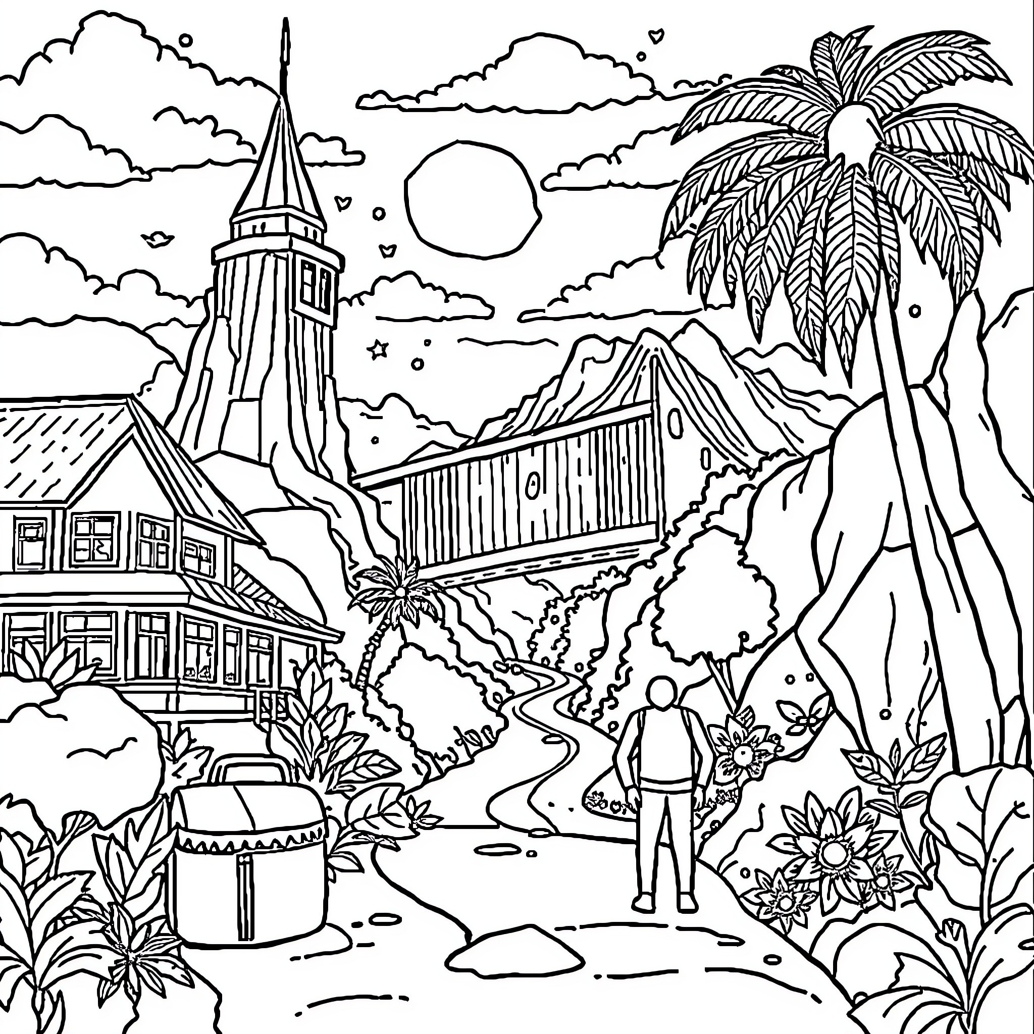 Travel to a tropical paradise with architecture Coloring Page (free black-and-white line drawing printable PDF for all, from beginners to advanced learners, including children, teens, adults, and seniors)