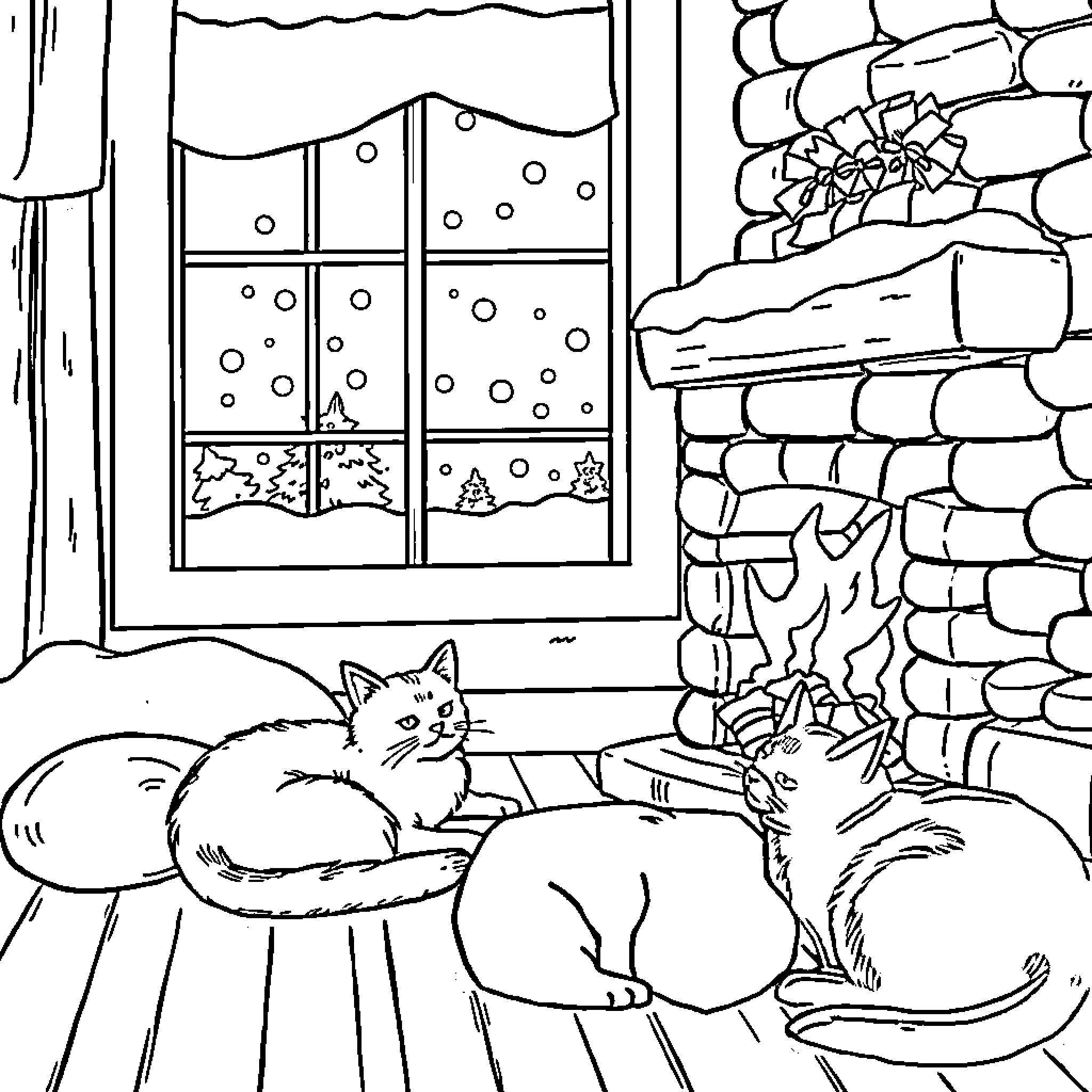 Cats resting by the fireplace on a snowy day Coloring Page (free black-and-white line drawing printable PDF for all, from beginners to advanced learners, including children, teens, adults, and seniors)