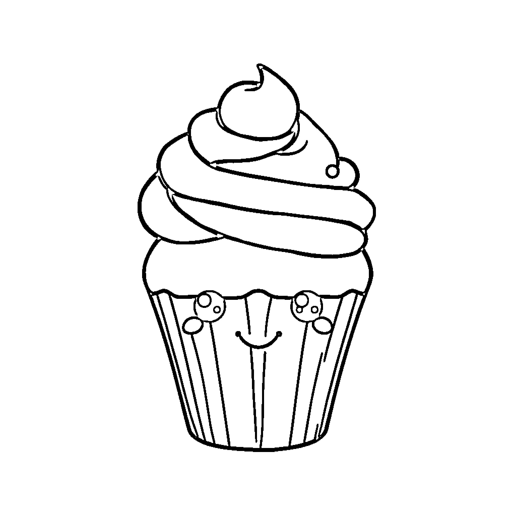 Cupcake with a Cheerful Expression Coloring Page (free black-and-white line drawing printable PDF for all, from beginners to advanced learners, including children, teens, adults, and seniors)