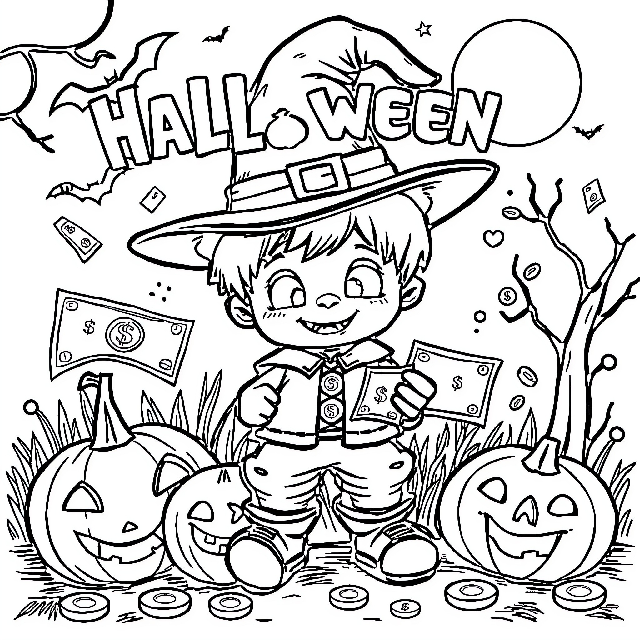 Money for Trick-or-Treating on Halloween Coloring Page (free black-and-white line drawing printable PDF for all, from beginners to advanced learners, including children, teens, adults, and seniors)