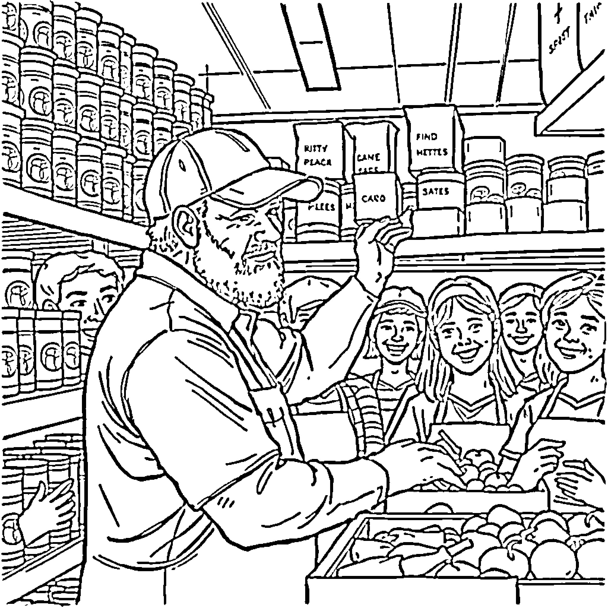 Fred Durst shopping with a group of friends at the grocery store Coloring Page (free black-and-white line drawing printable PDF for all, from beginners to advanced learners, including children, teens, adults, and seniors)