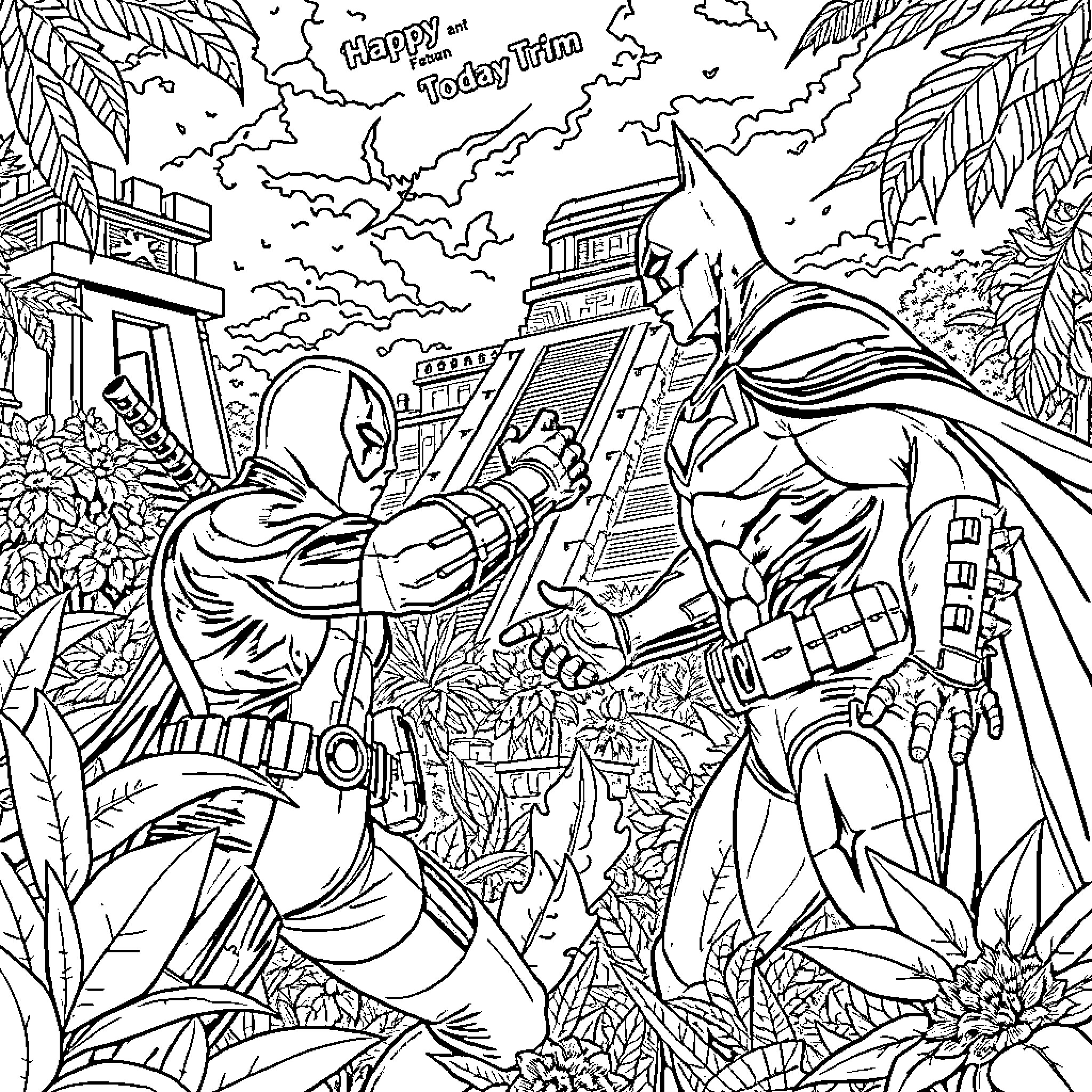 Deadpool Fighting Villains in a Tropical Landscape Coloring Page (free black-and-white line drawing printable PDF for all, from beginners to advanced learners, including children, teens, adults, and seniors)