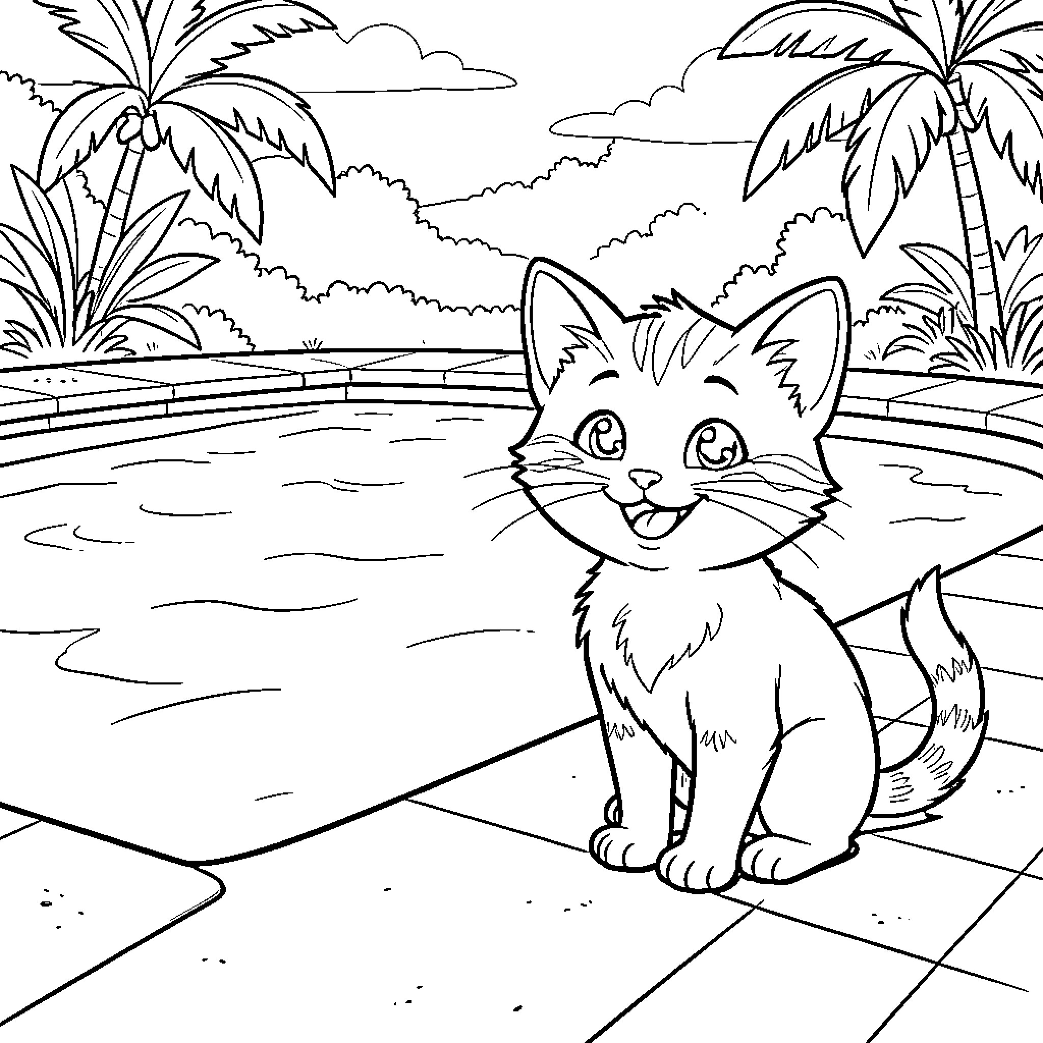 Kitten enjoying the scenic tropical landscape Coloring Page (free black-and-white line drawing printable PDF for all, from beginners to advanced learners, including children, teens, adults, and seniors)