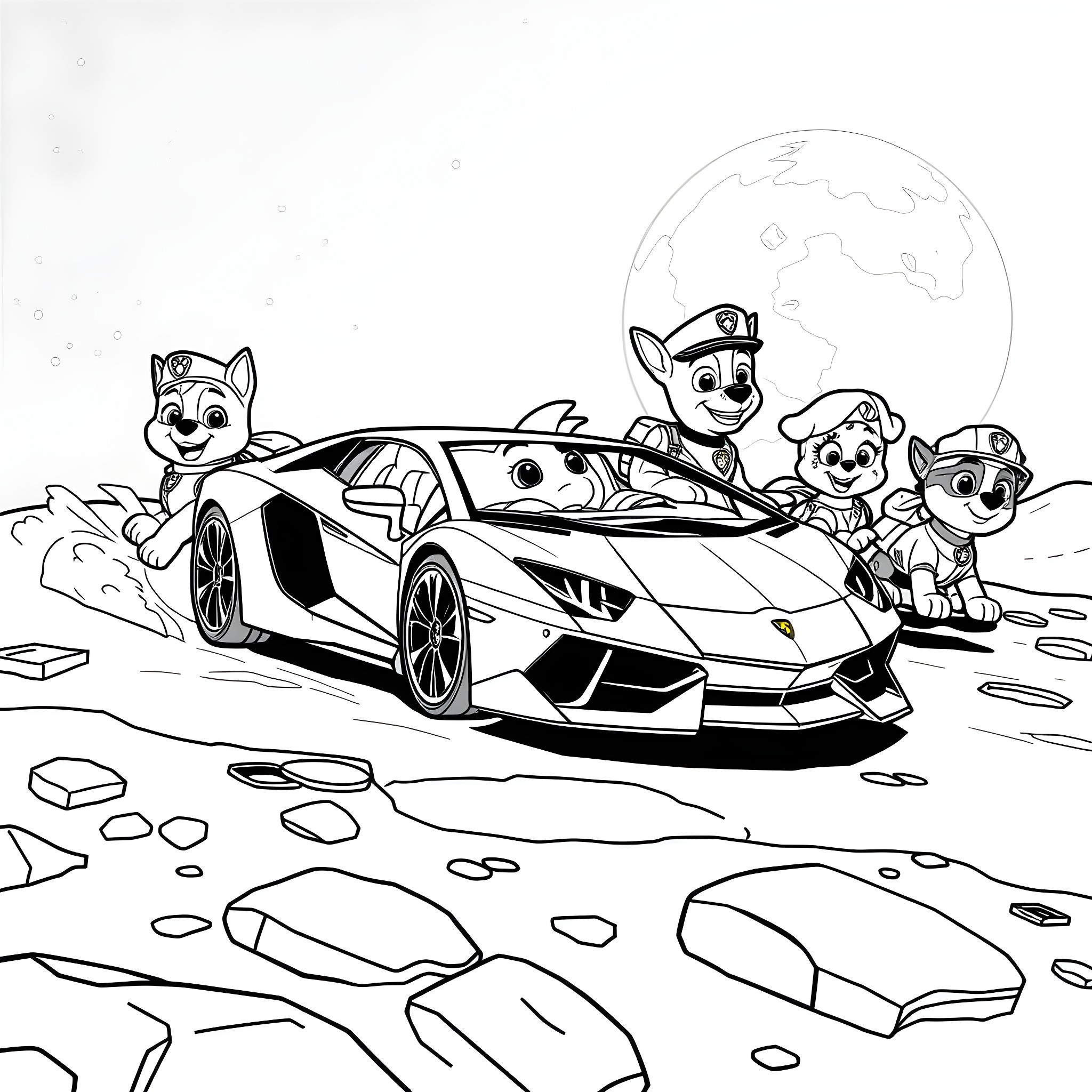 Paw Patrol team explores a luxury sports car Coloring Page (free black-and-white line drawing printable PDF for all, from beginners to advanced learners, including children, teens, adults, and seniors)