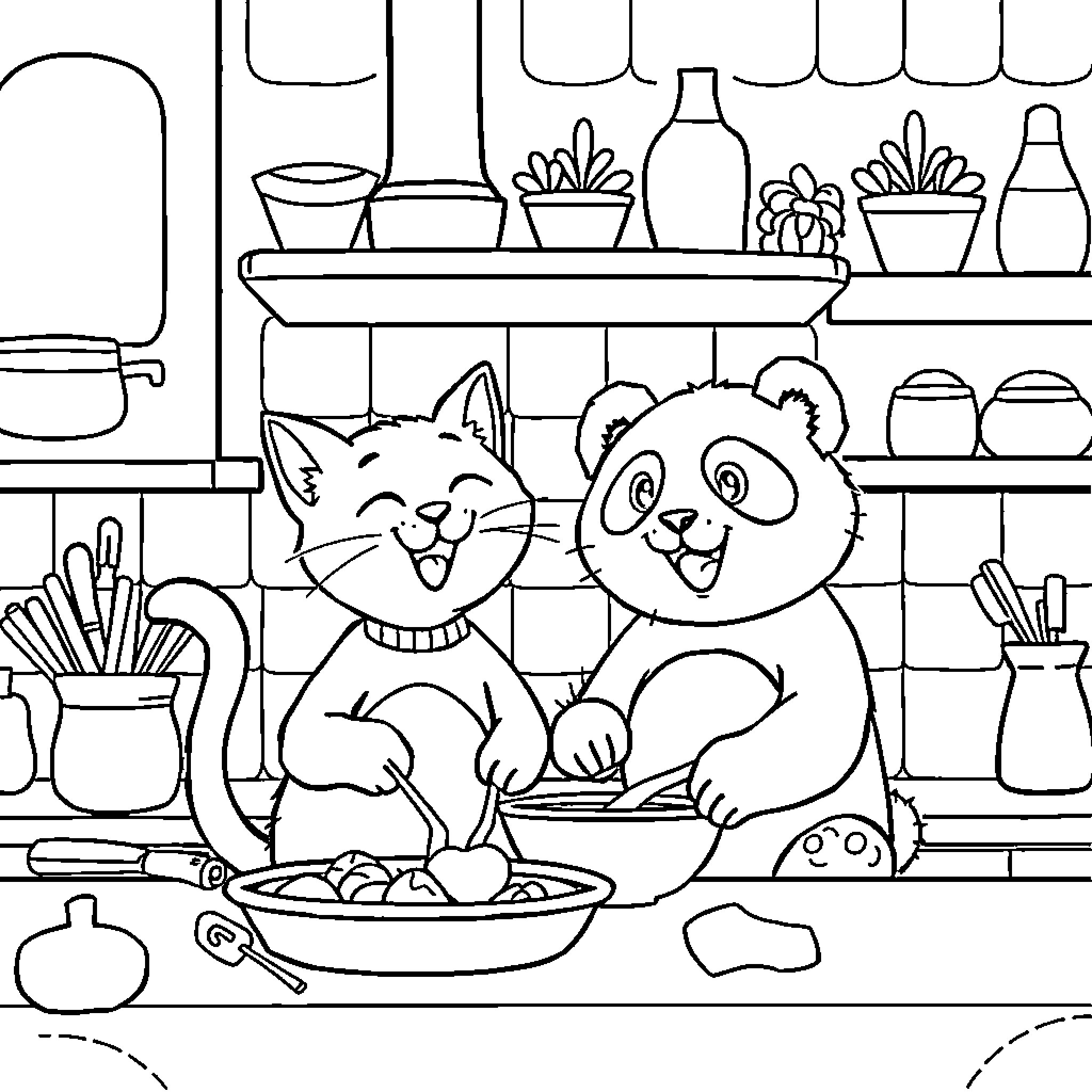 Gabbychat: Playful Creatures in the Kitchen Coloring Page (free black-and-white line drawing printable PDF for all, from beginners to advanced learners, including children, teens, adults, and seniors)