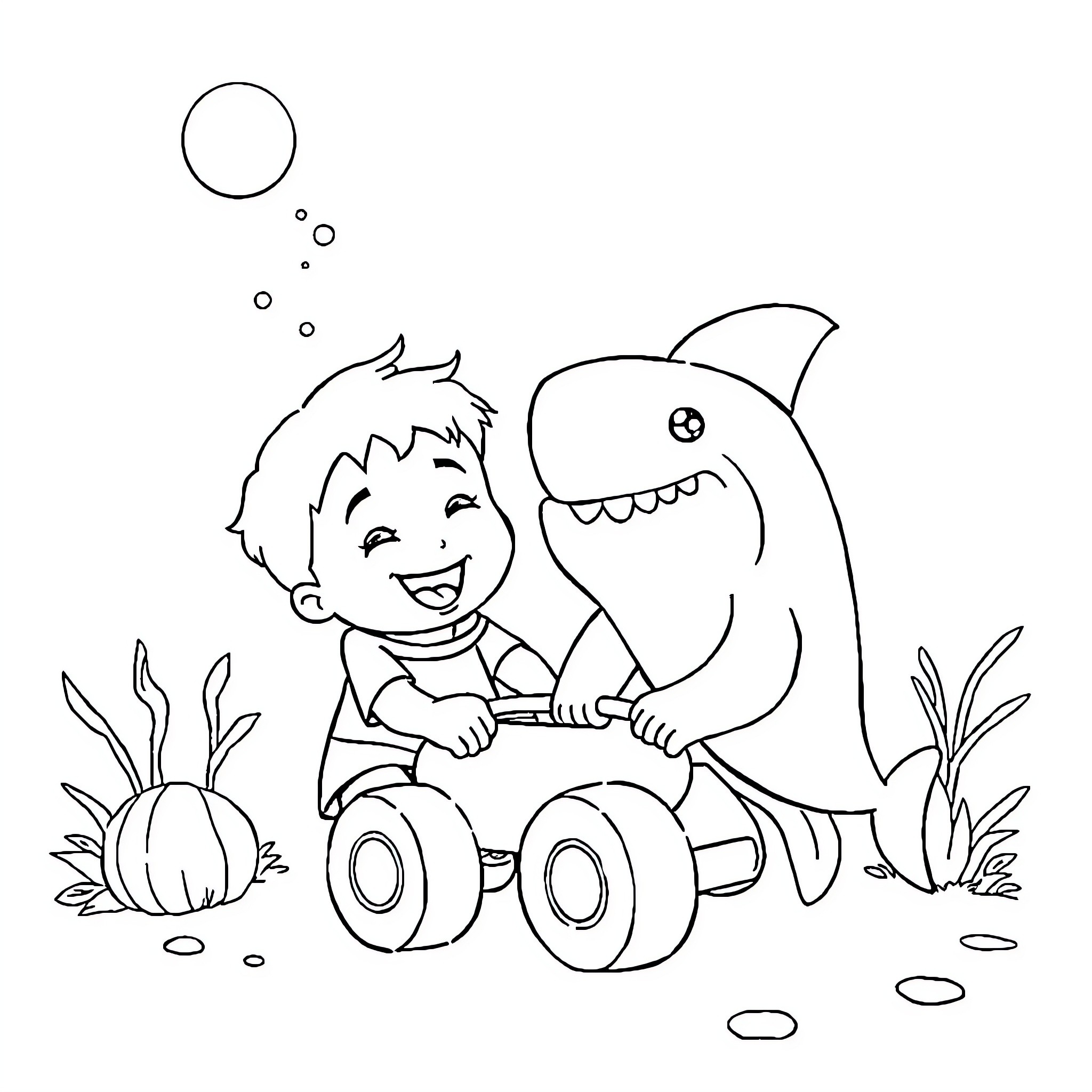 Bebe boy playing happily with shark toy Coloring Page (free black-and-white line drawing printable PDF for all, from beginners to advanced learners, including children, teens, adults, and seniors)
