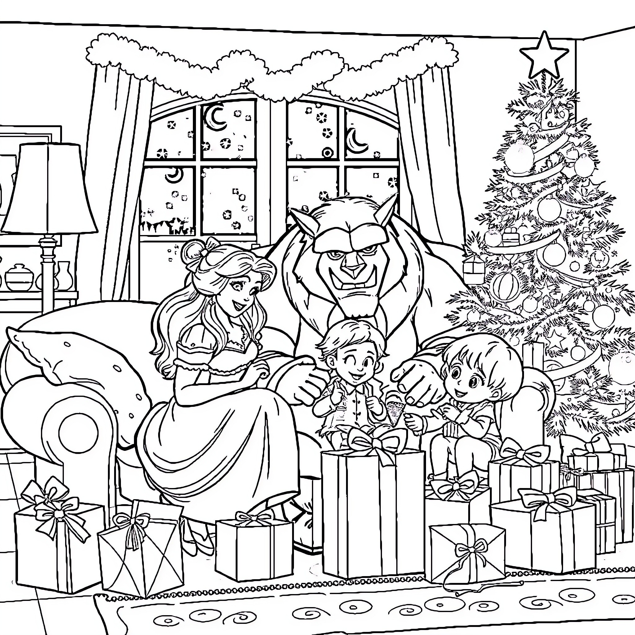 Beauty And The Beast Celebrating Christmas Together Coloring Page (free black-and-white line drawing printable PDF for all, from beginners to advanced learners, including children, teens, adults, and seniors)