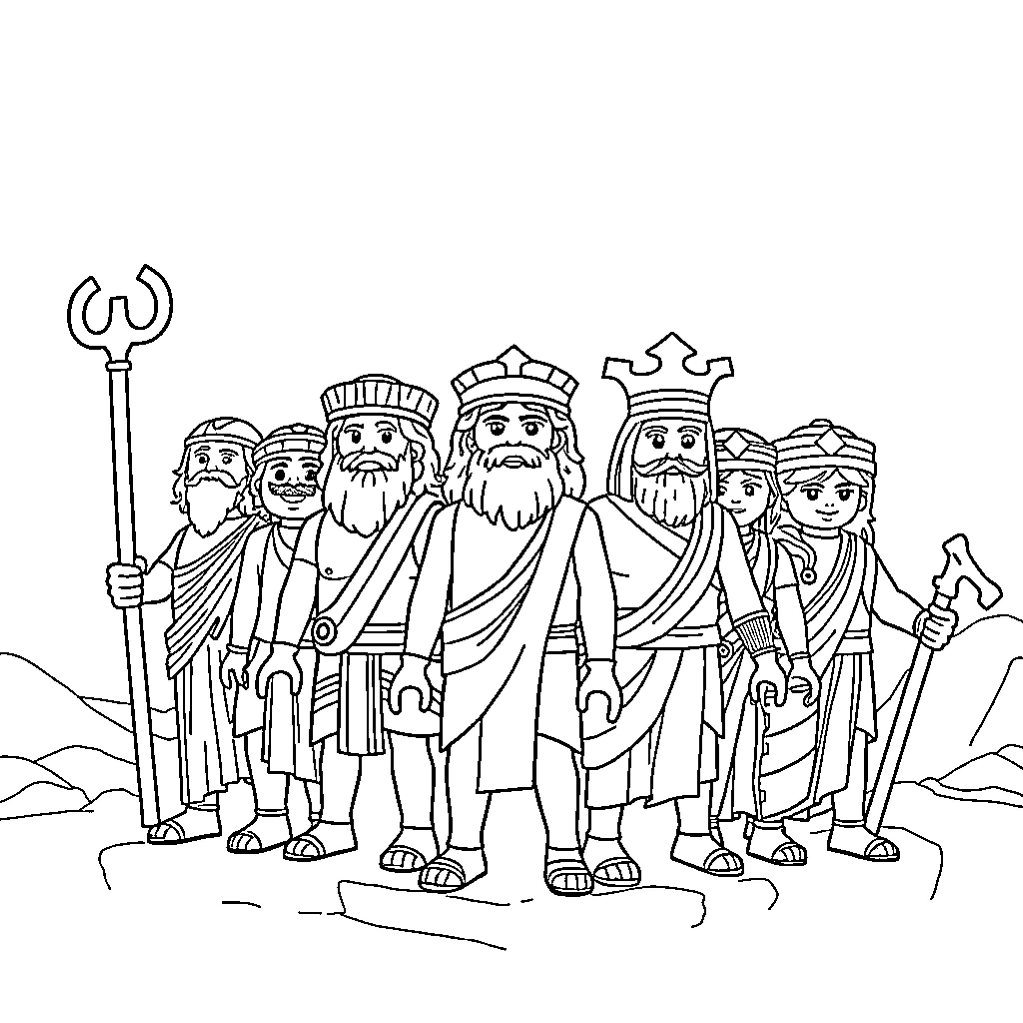 Greek God Mythological Figures Gathered in the Mountains Coloring Page (free black-and-white line drawing printable PDF for all, from beginners to advanced learners, including children, teens, adults, and seniors)