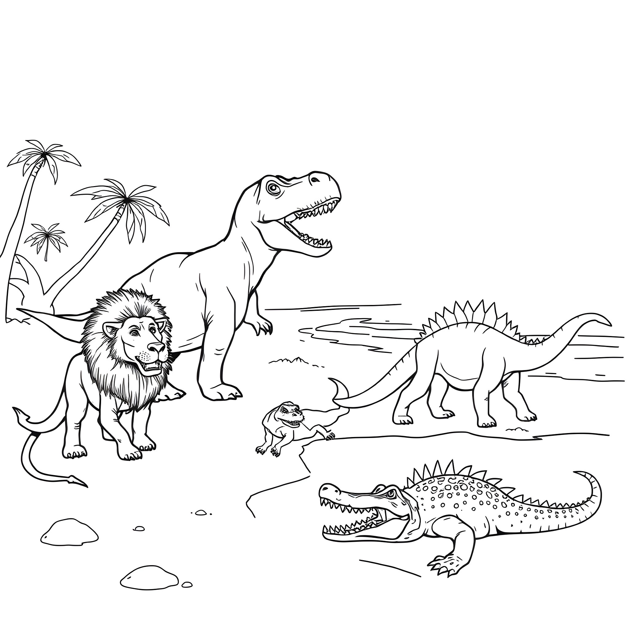 Dinosaur family in prehistoric landscape Coloring Page (free black-and-white line drawing printable PDF for all, from beginners to advanced learners, including children, teens, adults, and seniors)