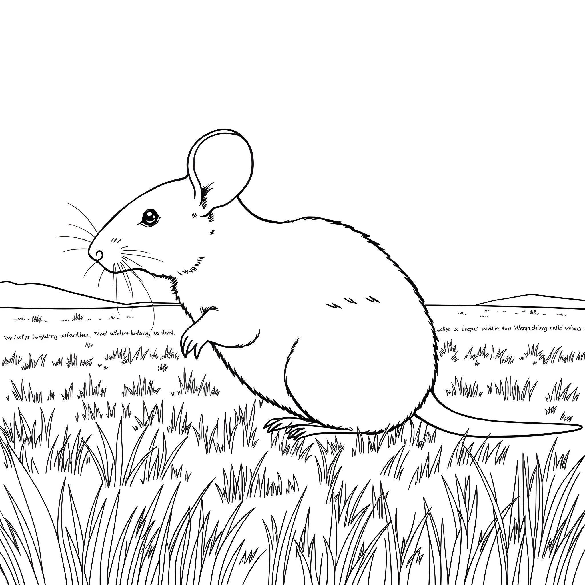 Mouse exploring a grassy field Coloring Page (free black-and-white line drawing printable PDF for all, from beginners to advanced learners, including children, teens, adults, and seniors)