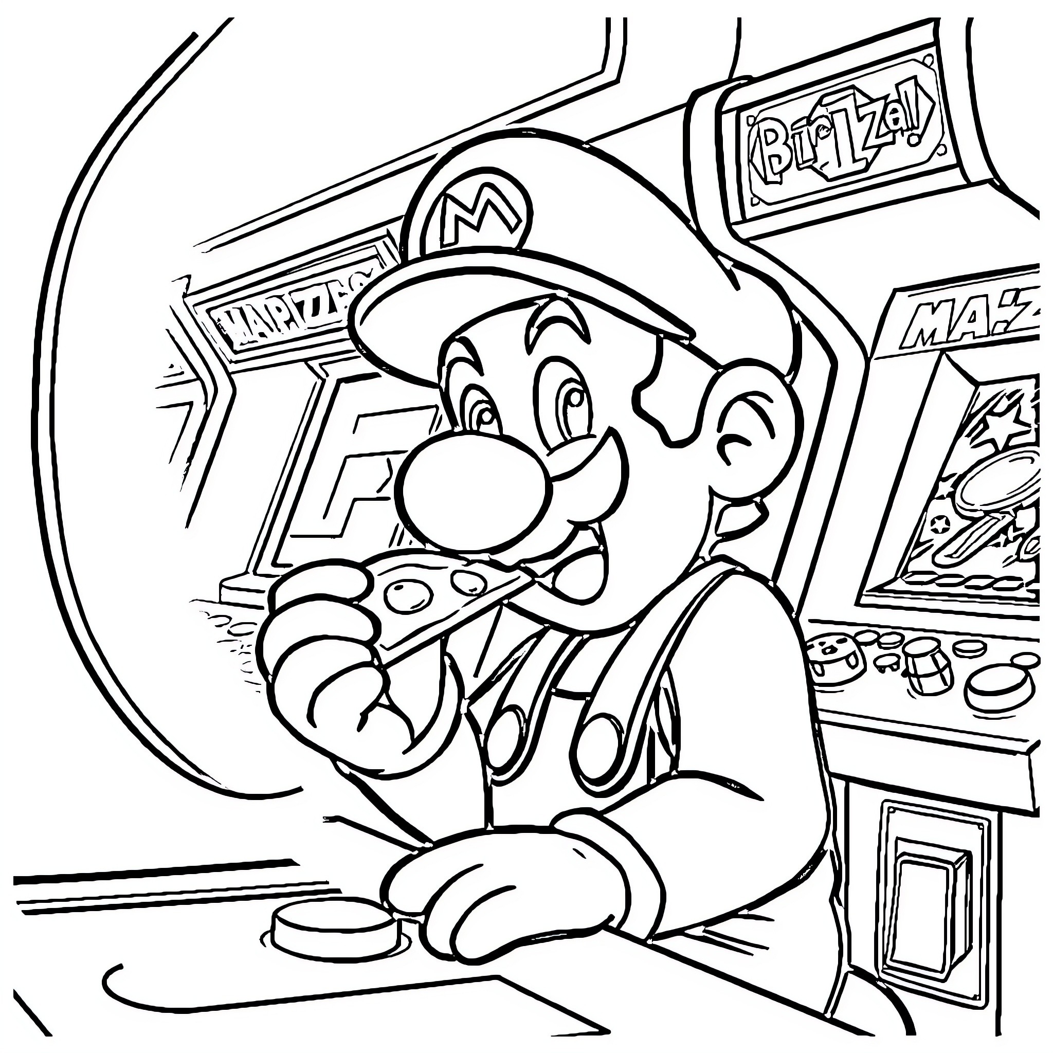 Super Mario Playing Arcade Games in Retro Setting Coloring Page (free black-and-white line drawing printable PDF for all, from beginners to advanced learners, including children, teens, adults, and seniors)