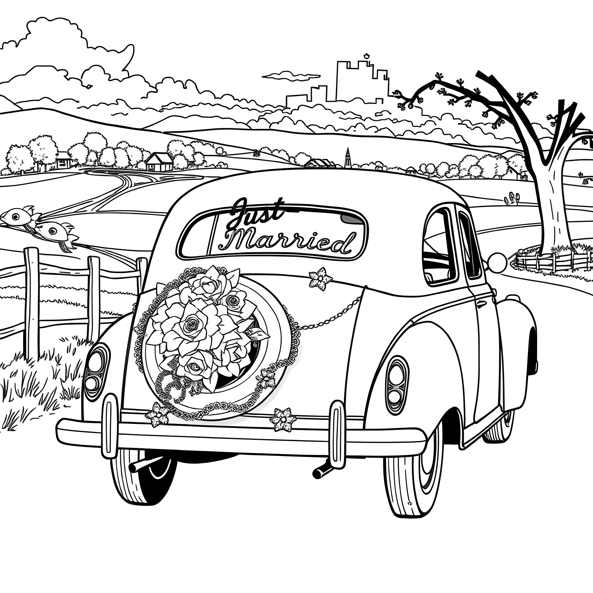 Car with Just Married sign on rural countryside road Coloring Page (free black-and-white line drawing printable PDF for all, from beginners to advanced learners, including children, teens, adults, and seniors)