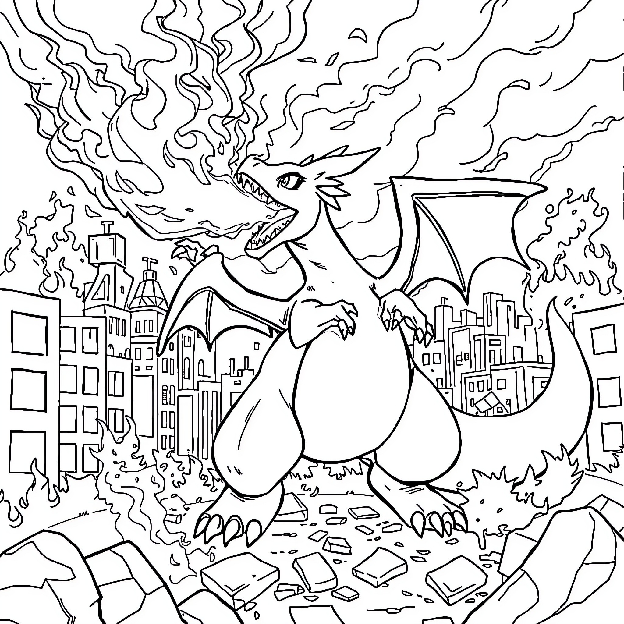 Charizard Unleashing Fiery Destruction in the City Coloring Page (free black-and-white line drawing printable PDF for all, from beginners to advanced learners, including children, teens, adults, and seniors)