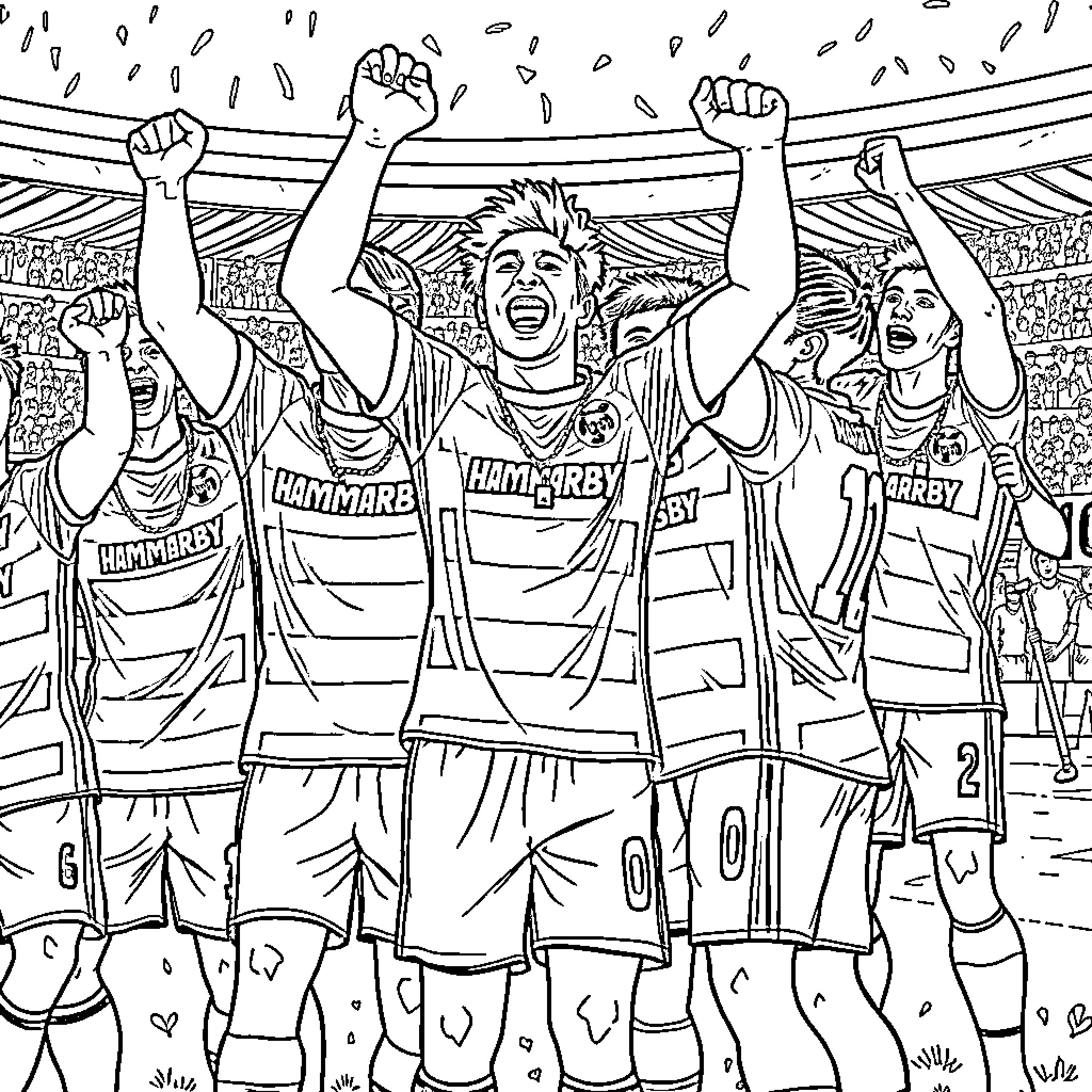 Hammarby IF players celebrating victory on the field Coloring Page (free black-and-white line drawing printable PDF for all, from beginners to advanced learners, including children, teens, adults, and seniors)