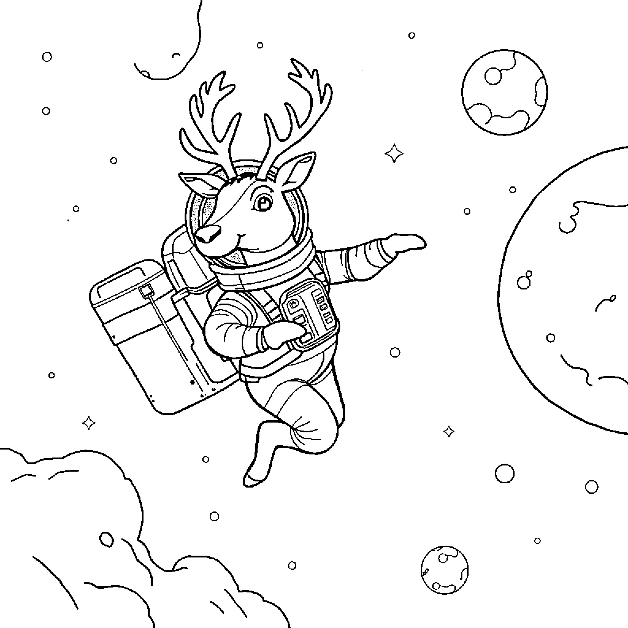 Astronaut deer exploring the cosmos with jetpack Coloring Page (free black-and-white line drawing printable PDF for all, from beginners to advanced learners, including children, teens, adults, and seniors)