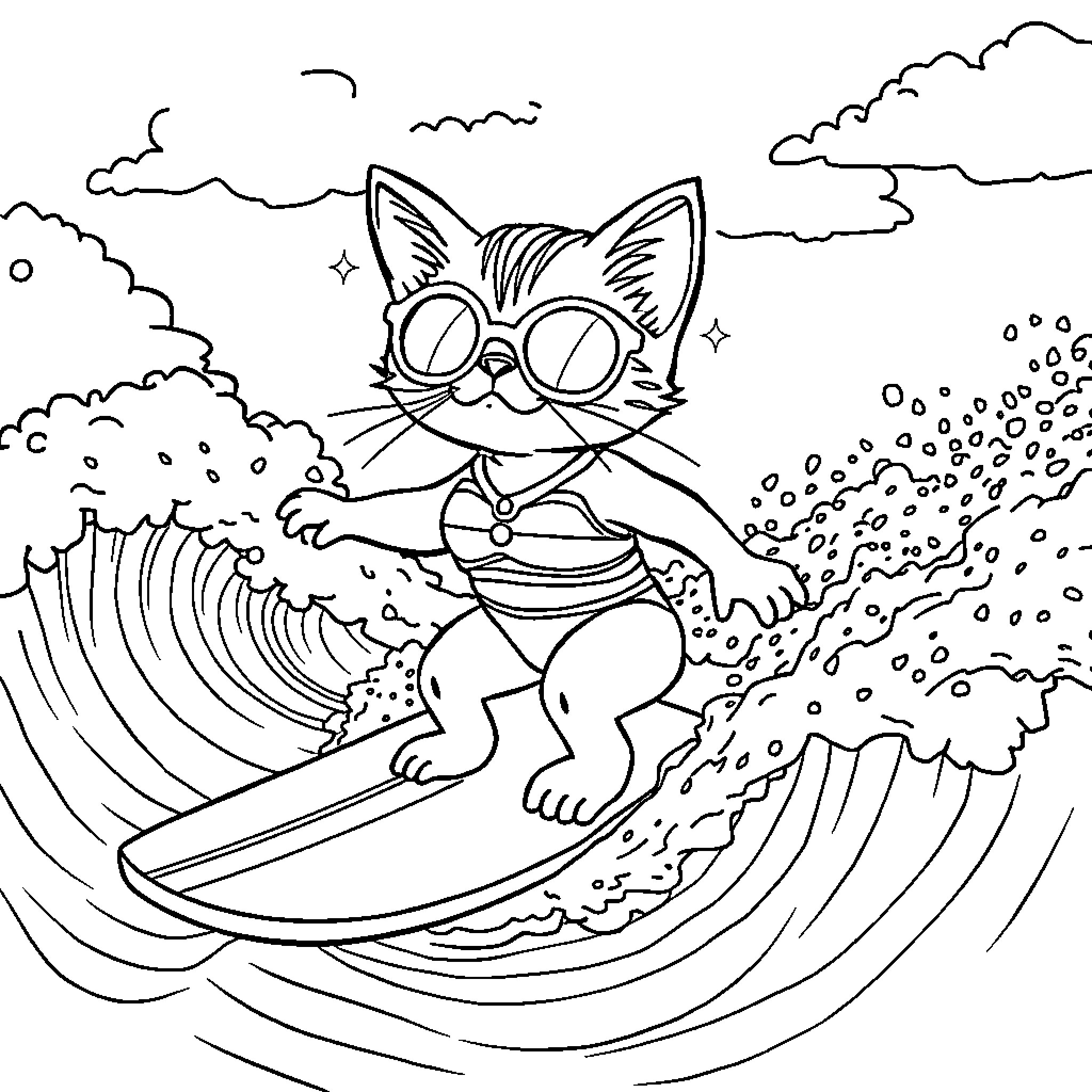 Piolin the Surfing Cat Enjoying the Waves Coloring Page (free black-and-white line drawing printable PDF for all, from beginners to advanced learners, including children, teens, adults, and seniors)